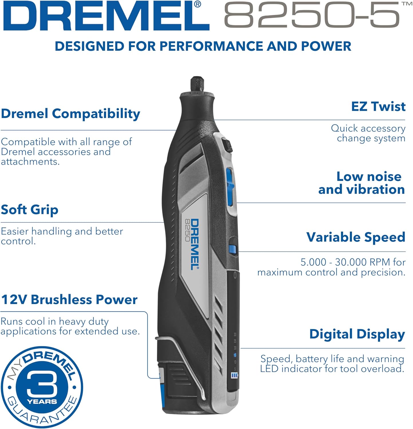 Thumbnail 1 de Dremel 8250 12V Cordless Rotary Tool Kit (Brushless, 5,000–30,000 RPM) with 65 Accessories