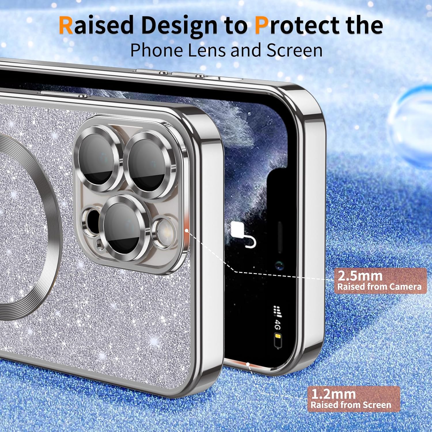Detalle de Phoona Glitter Cover per iPhone 11 Pro 5,8" con Cordino: protezione glitterata, antiurto e compatibile MagSafe (Argento)