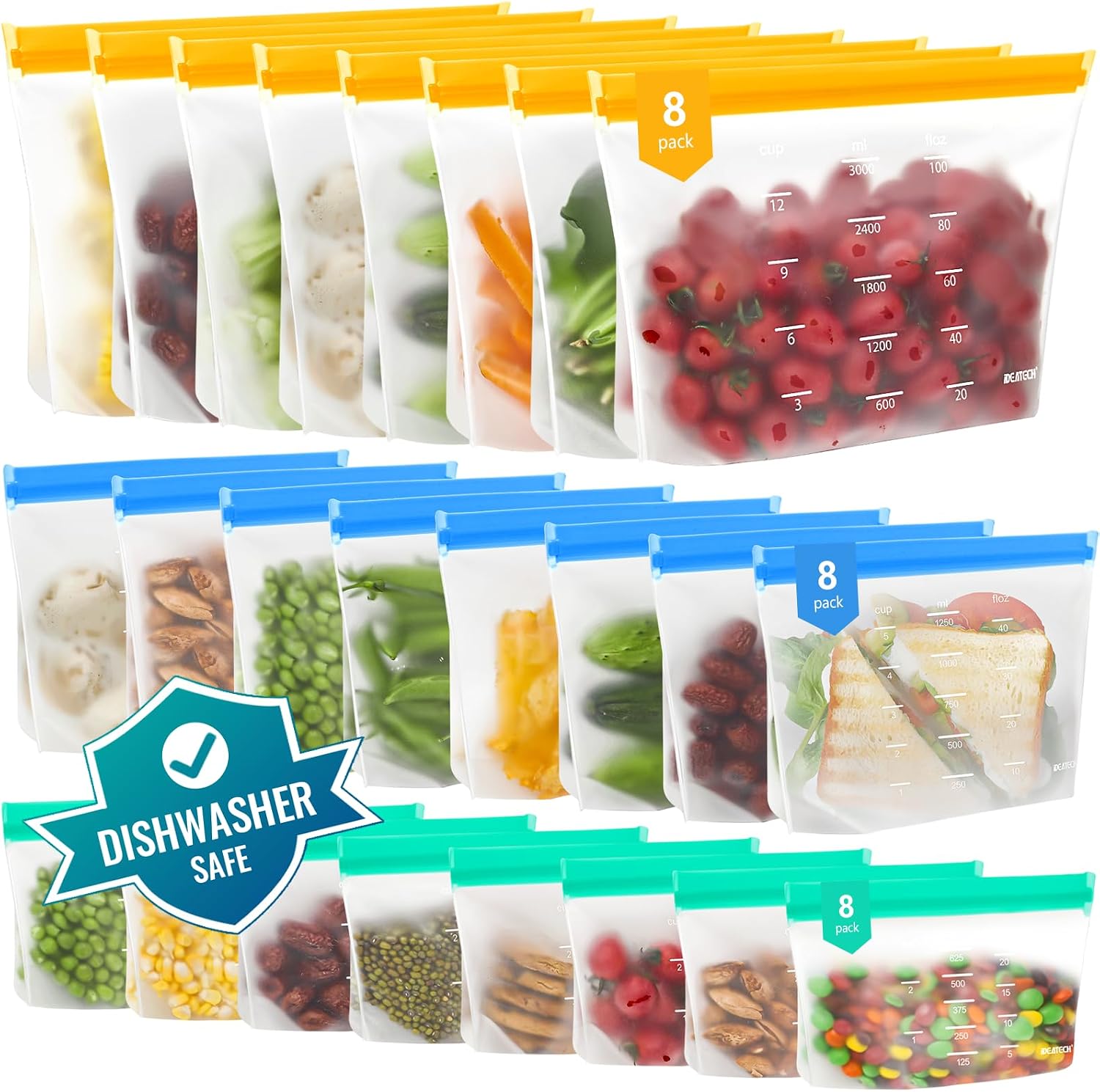 IDEATECH 24 Stück Gefrierbeutel Wiederverschließbar – BPA-frei PEVA Beutel mit Standboden, in 3,0 L / 2,5 L / 1,25 L / 0,625 L