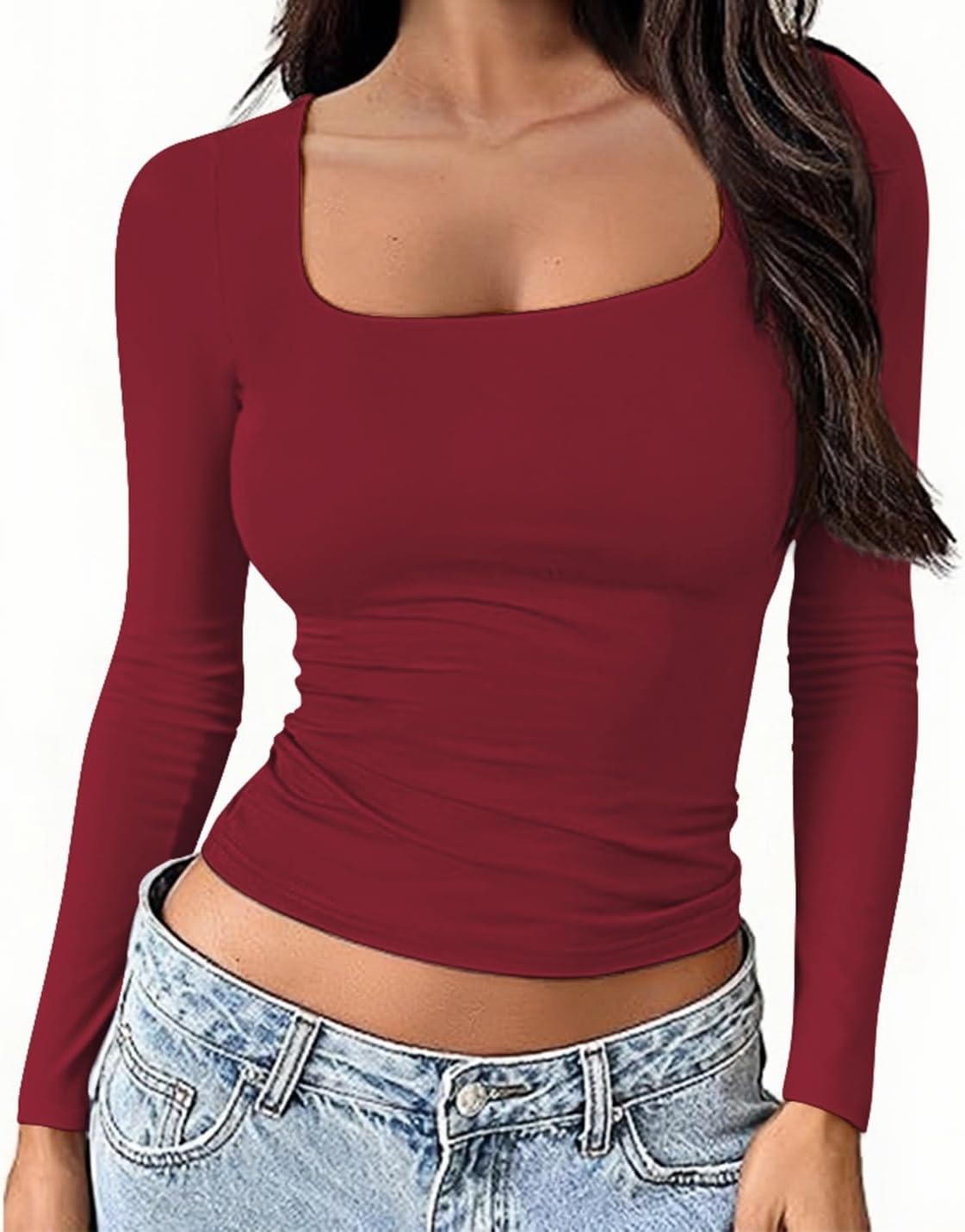 Detalle de OYIGELZ Women's Long Sleeve Square Neck Cotton Crop Top – Versatile Y2K-Influenced White Tee for Everyday Looks