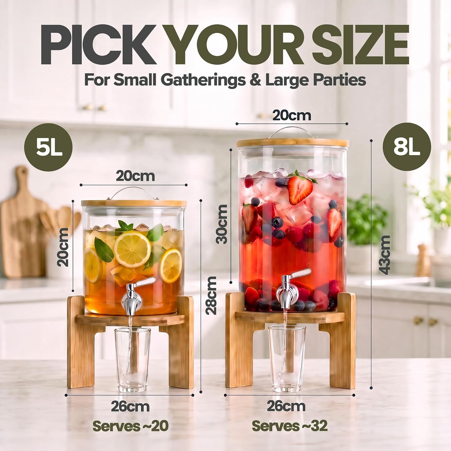 Detalle 2 de Dimono 182 5 L Glass Drink Dispenser with Tap, Bamboo Stand and Lid