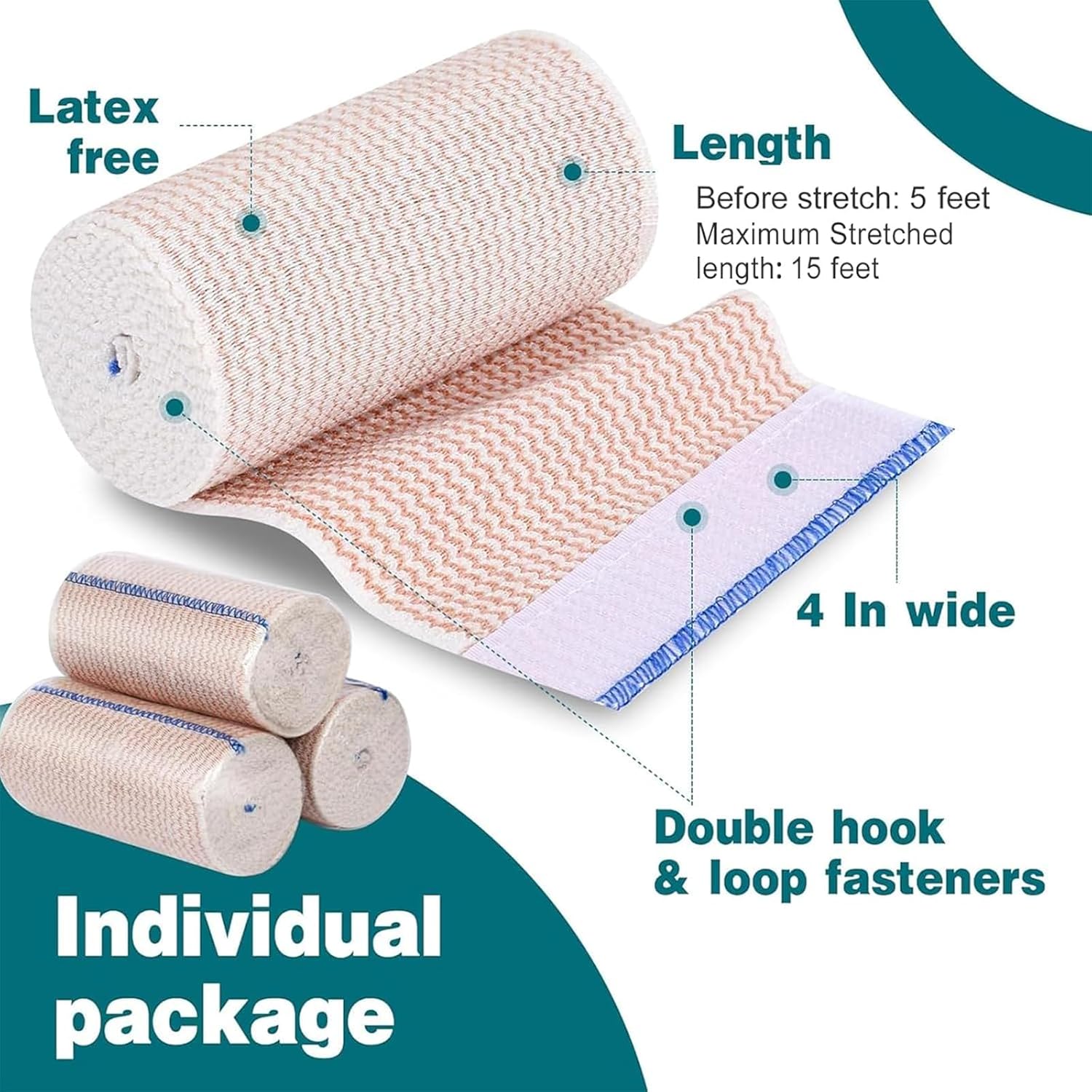 Detalle 2 de AZEN Premium Elastic Bandage Wrap, 6-Pack, 4-Inch Cotton, Latex-Free