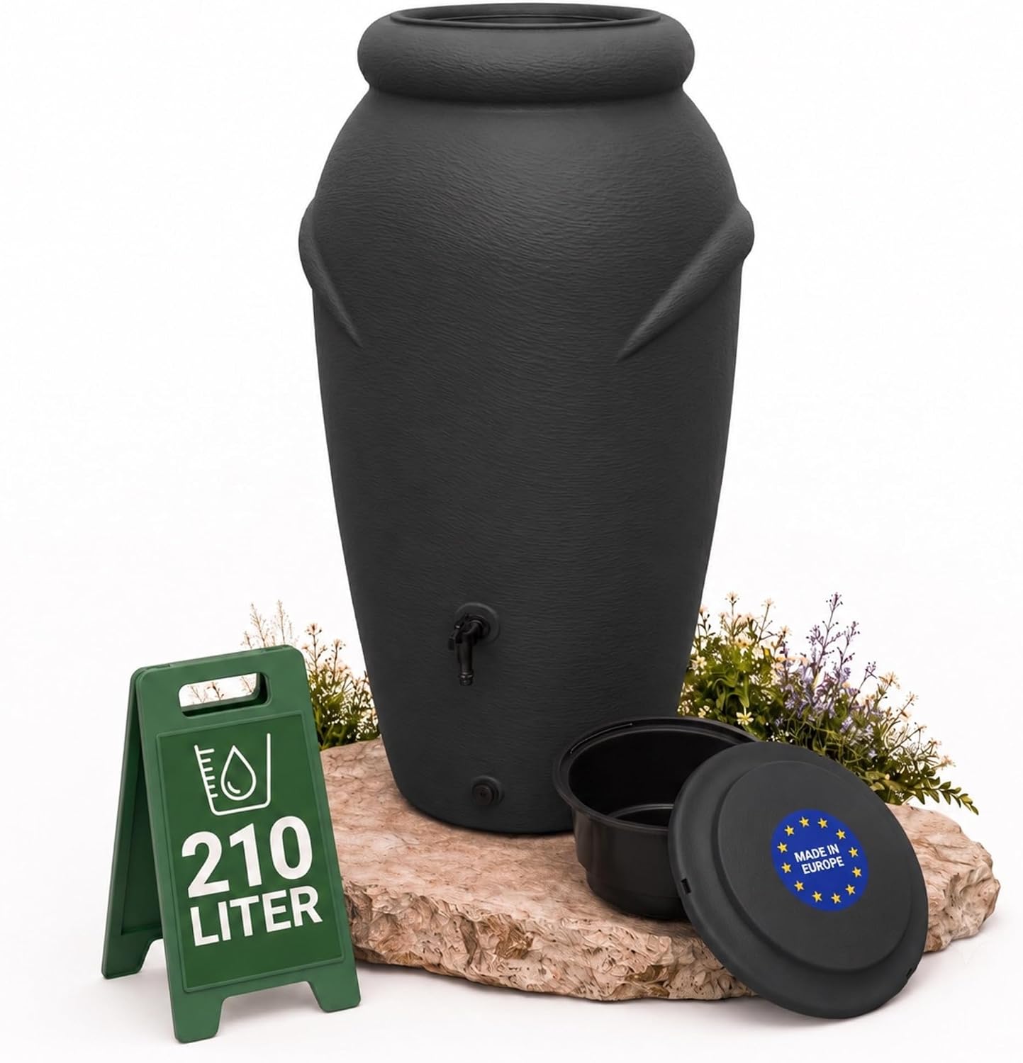 Detalle de YourCasa Regentonne 210 Liter im Amphore-Design (anthrazit), frostsicher aus Kunststoff mit Wasserhahn