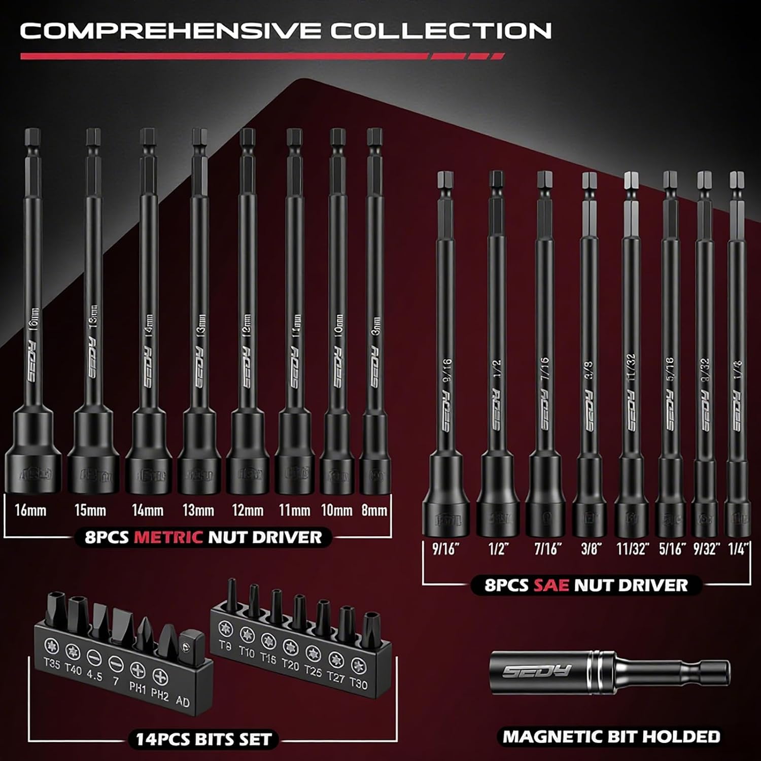 Thumbnail 5 de SEDY 84016 31-Piece Magnetic Impact Nut Driver Set, SAE and Metric