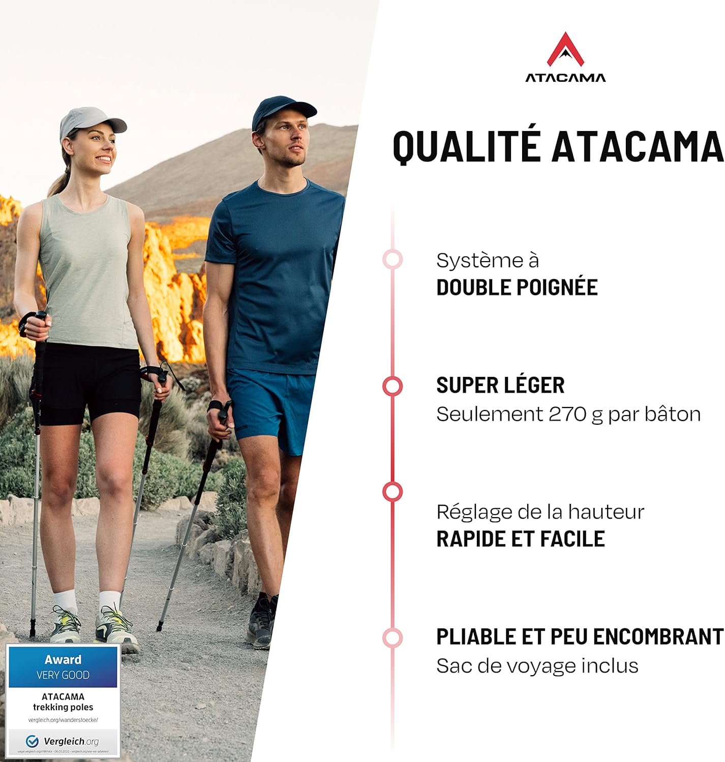Thumbnail 1 de ATACAMA Bâtons de Randonnée Nordique – ultralégers, pliables et télescopiques en fibre de carbone (63–135 cm) avec poignées en liège