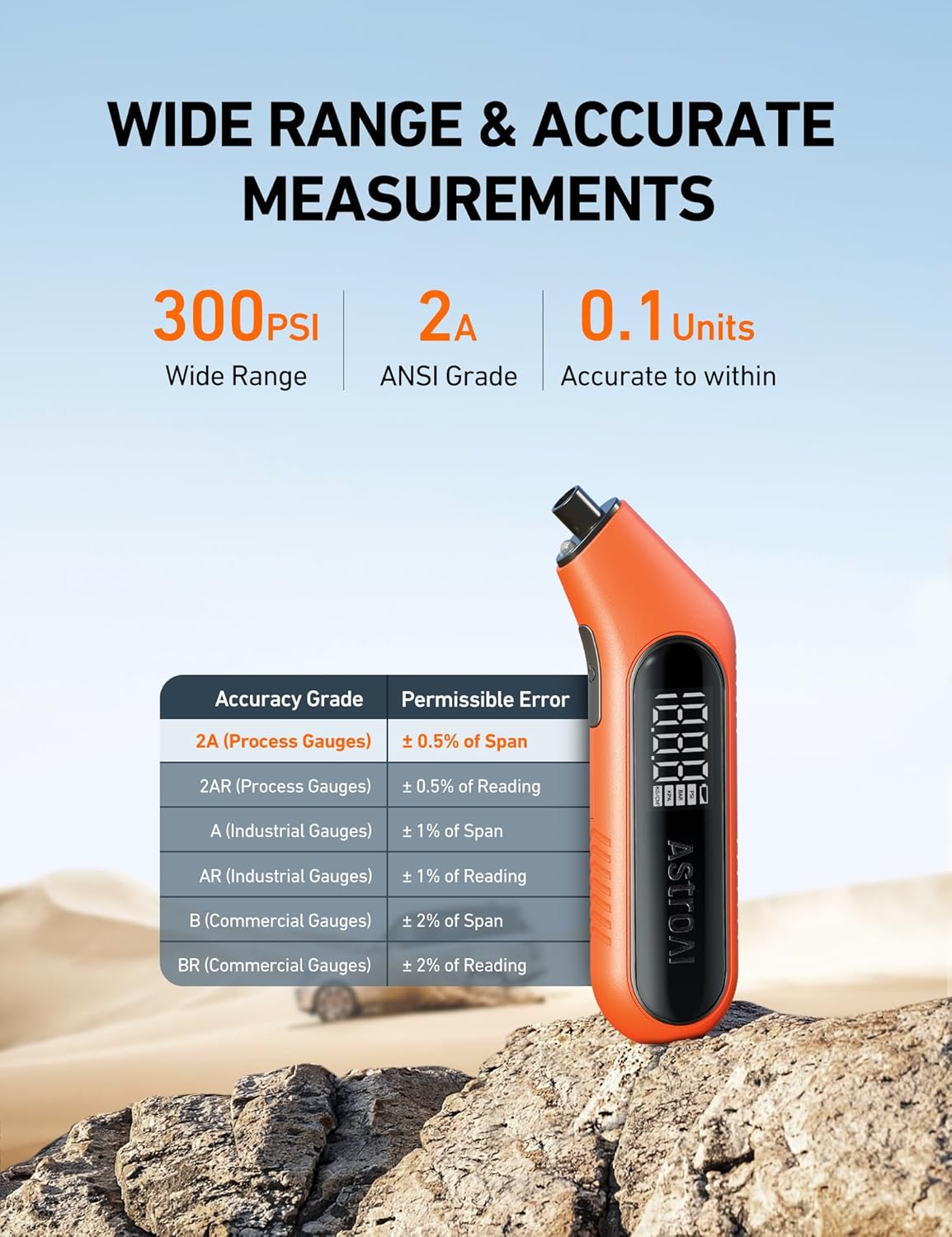 Detalle 2 de AstroAI Digital Tire Pressure Gauge 3-300 PSI 📏