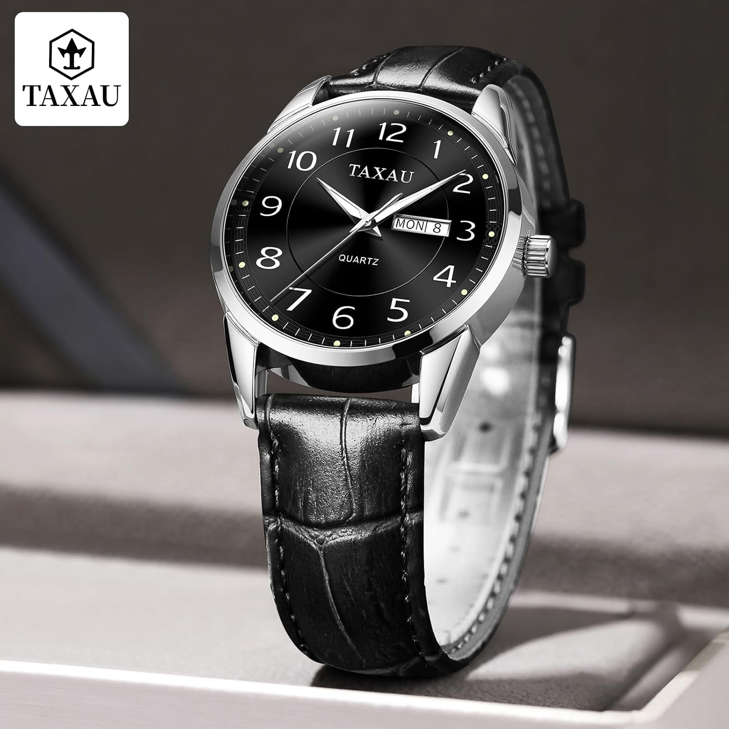 Thumbnail 1 de Taxau klassische Lederuhr für Herren mit Analog-Quarzwerk, Big Dial, 41 mm, wasserdicht bis 30 m