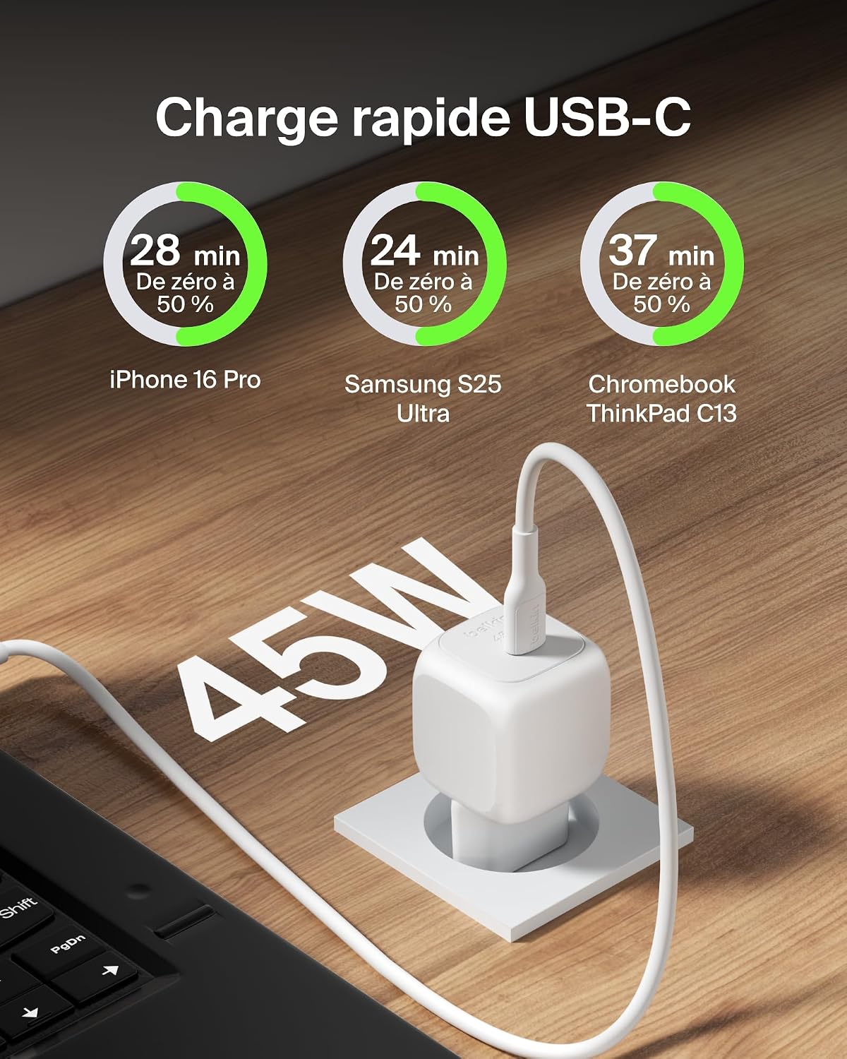 Thumbnail 1 de Belkin Chargeur Secteur Compact 45 W USB-C vers USB-C pour iPhone, Galaxy et iPad