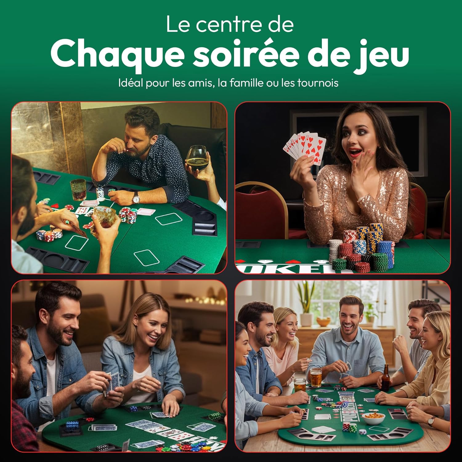 Thumbnail 5 de GOODS+GADGETS Tapis de table de poker XXL pliable en feutre (160 x 80 cm) avec 8 porte-gobelets