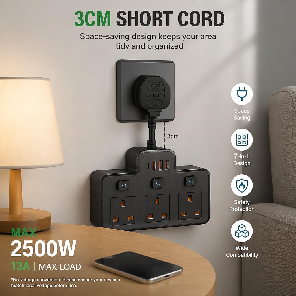 Thumbnail 2 de Multi Plug Extension with Flexible Plug (3 Way, 3 USB, Individual Switched, Black)