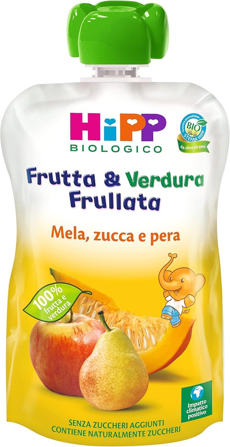 Detalle de HiPP Frutta E Verdura Frullata Gusto Mela, Pera e Zucca — 8 Confezioni da 90 g (720 g) Bio