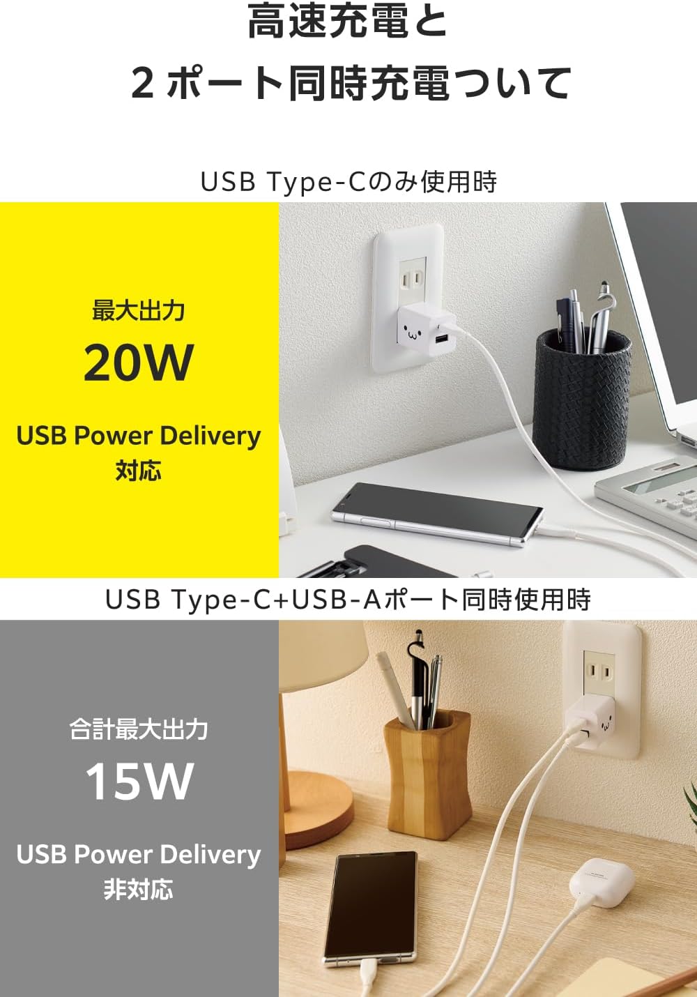 Detalle de エレコム EC-AC12020WF USB充電器 USB-C PD 20W・USB-A対応・折りたたみ式プラグ