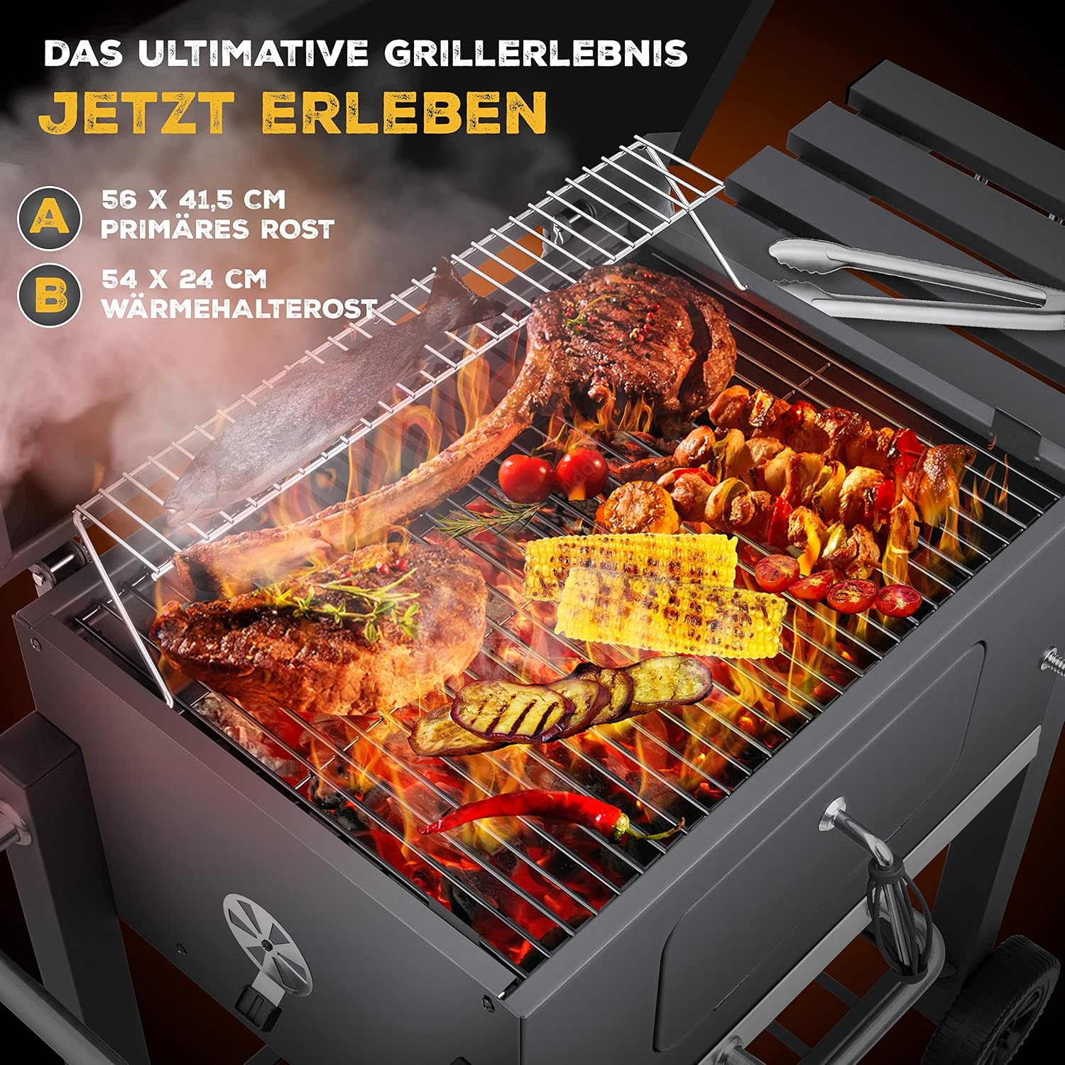 Detalle de KESSER Parilla de Carbón con Carrito y Tapa XL – BBQ grande con termómetro y almacenamiento