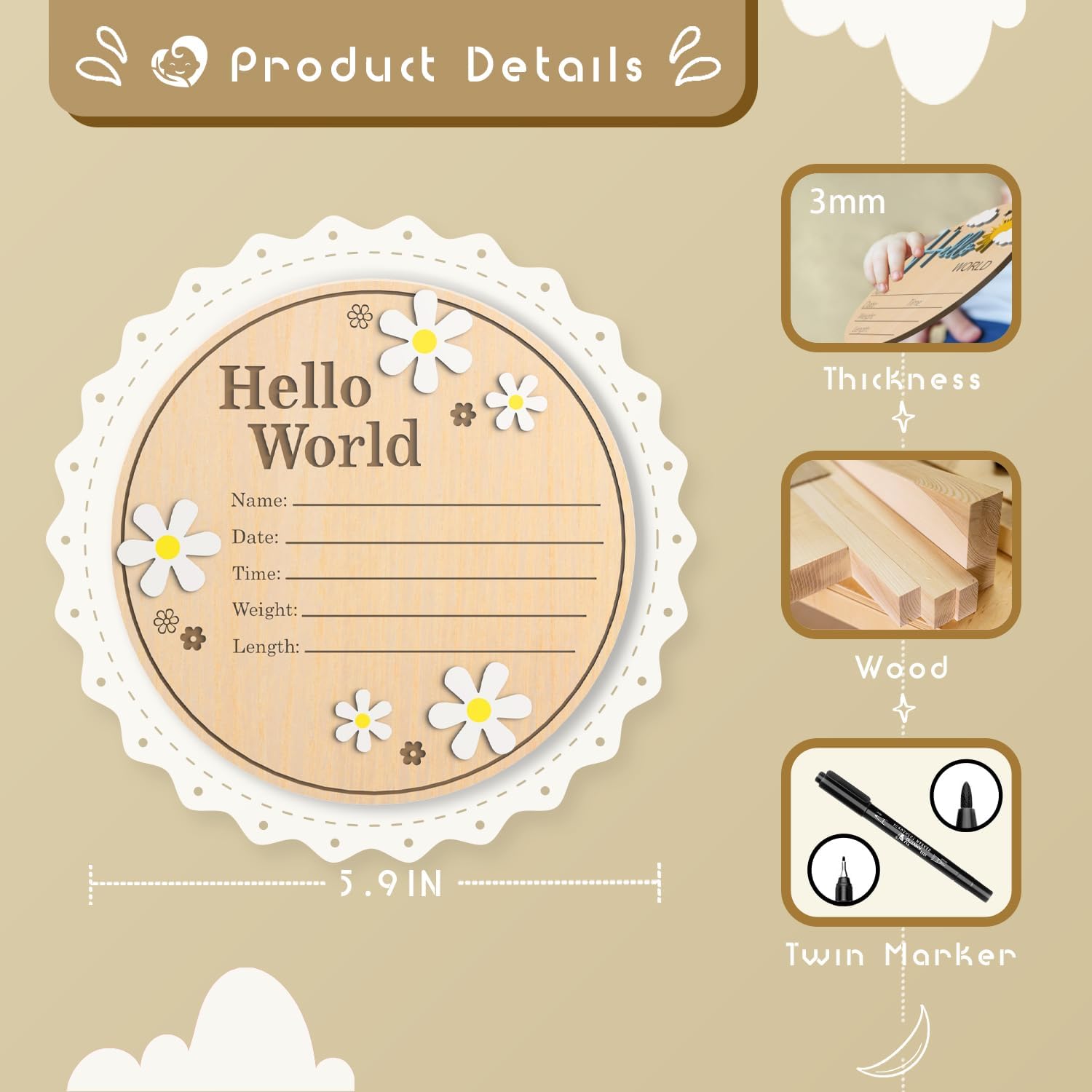 Detalle de Hello World Wooden Baby Birth Announcement Sign, 5.9-Inch