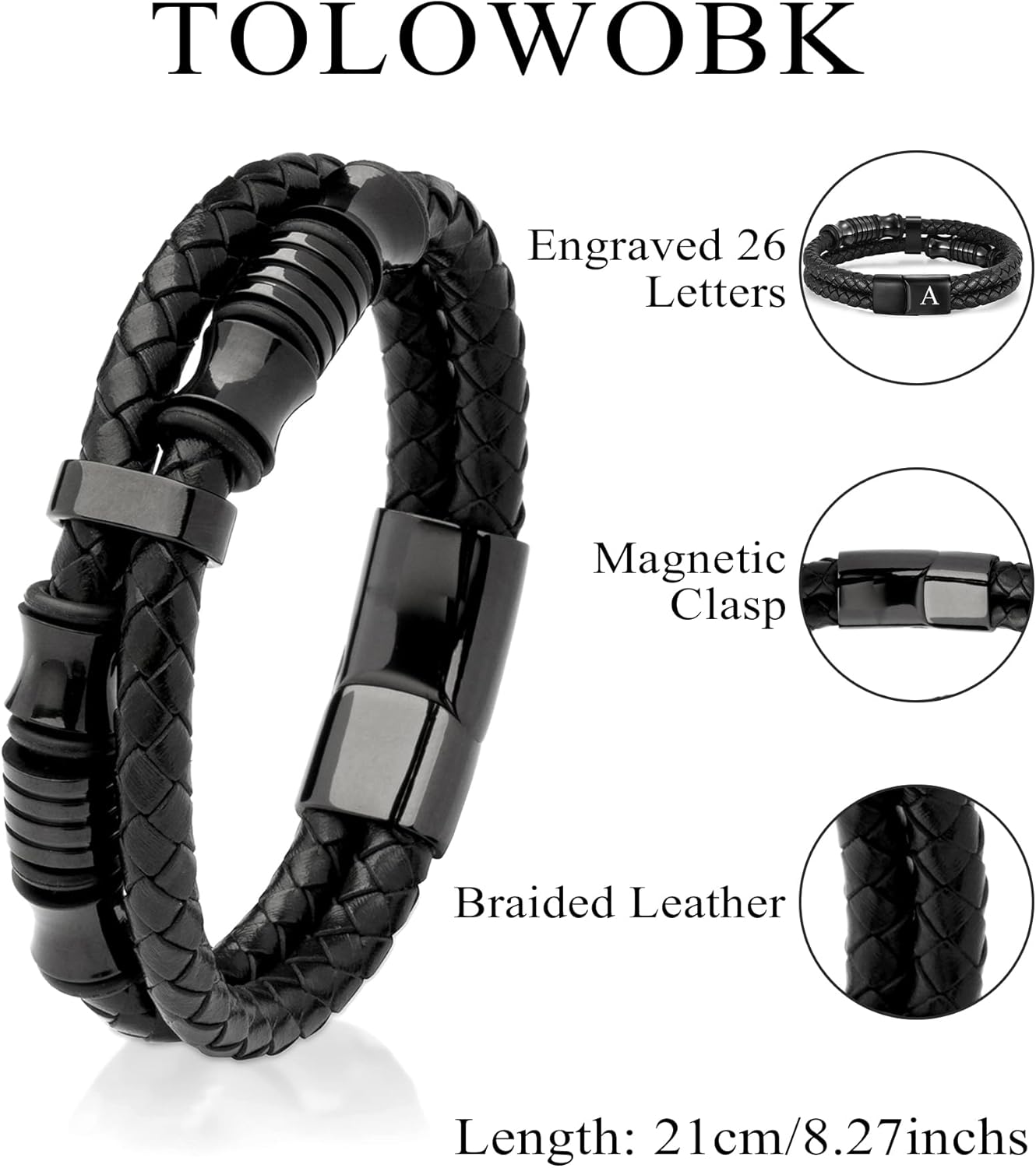Detalle 2 de TOLOWOBK Mens Leather Bracelet with Initial A–Z – Black Braided Double Layer, Hypoallergenic Magnetic Clasp