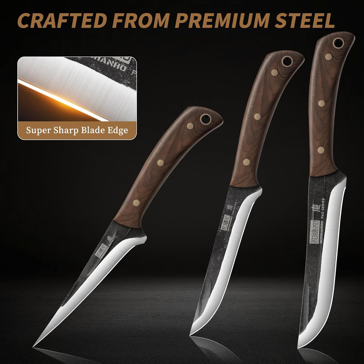 Detalle de HOSHANHO 3 Pieces Butcher Knife Set with High-Carbon Stainless Steel Blades