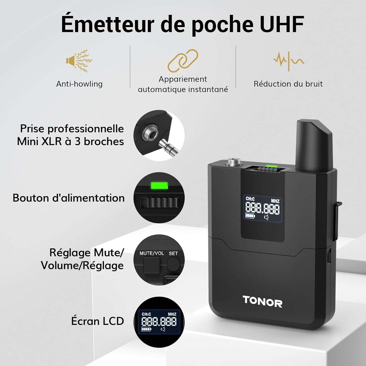 Detalle 2 de TONOR UHF-draadloos microfoonsysteem met 2 handmicrofoons en 2 bodypacks