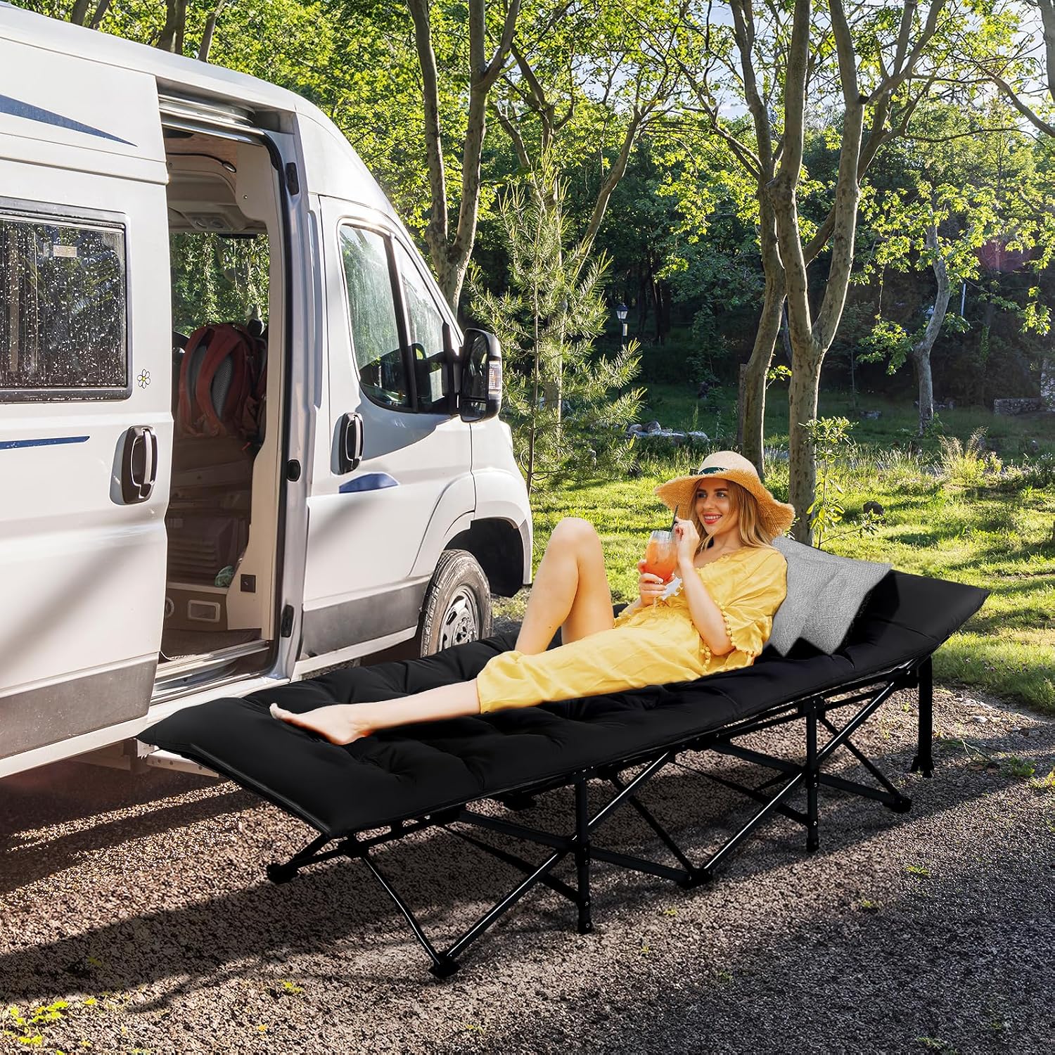 Detalle de Bonnlo Feldbett klappbar mit Matratze – XXL Campingbett 190 x 71 x 36 cm, bis 150 kg, Schwarz