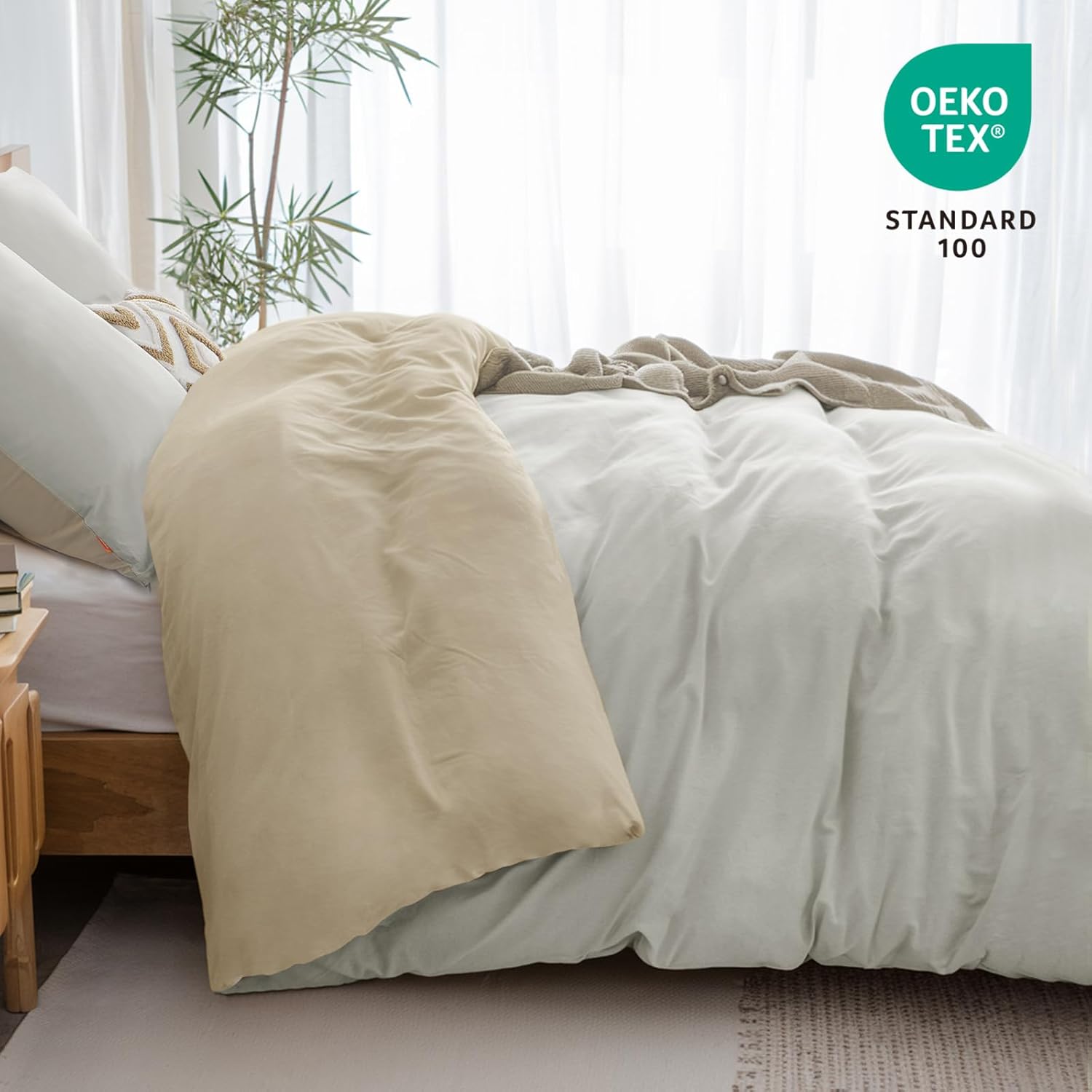 Thumbnail 2 de Aisbo Bettwäsche 140x200 Baumwolle – Khaki Beige Wendebettwäsche Set mit Reißverschluss, ÖKO-TEX, 80x80 Kissenbezug