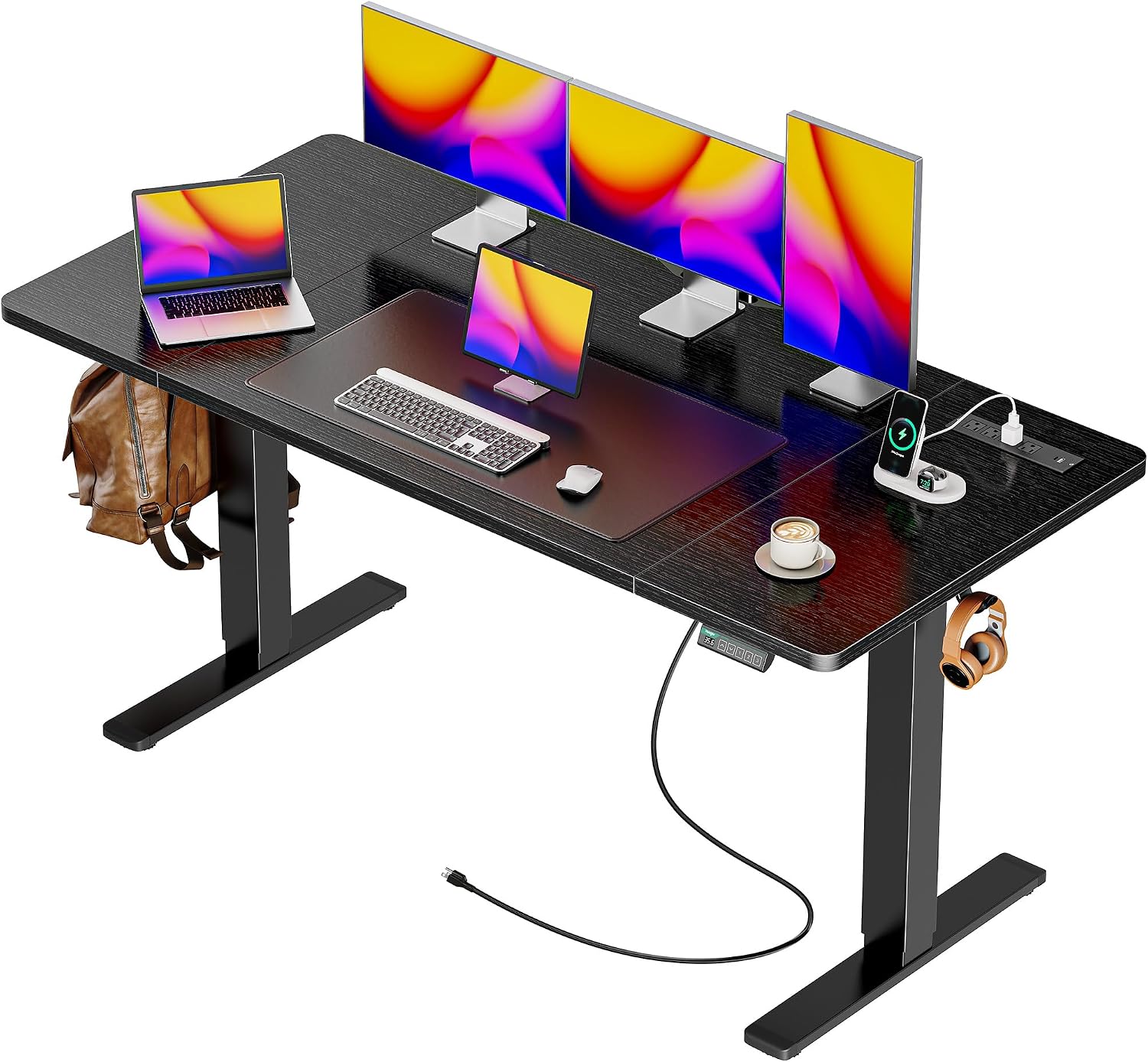 Detalle de Huuger 55 x 28 Large Electric Standing Desk (4 AC Outlets, Type-C, 3 Preset Heights) – Height Adjustable Office Desk, Black