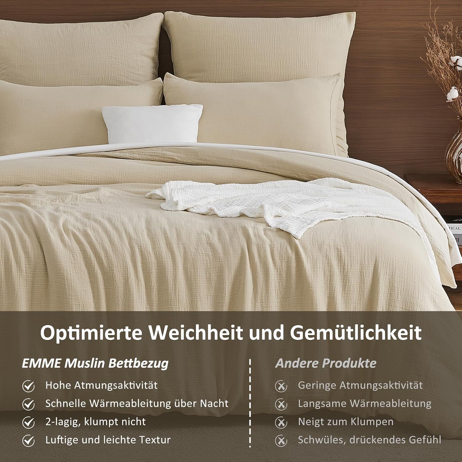 Detalle de EMME Musselin Bettwäsche 135x200 cm – 100% Baumwolle, Oeko-TEX, 4-Jahreszeiten Set