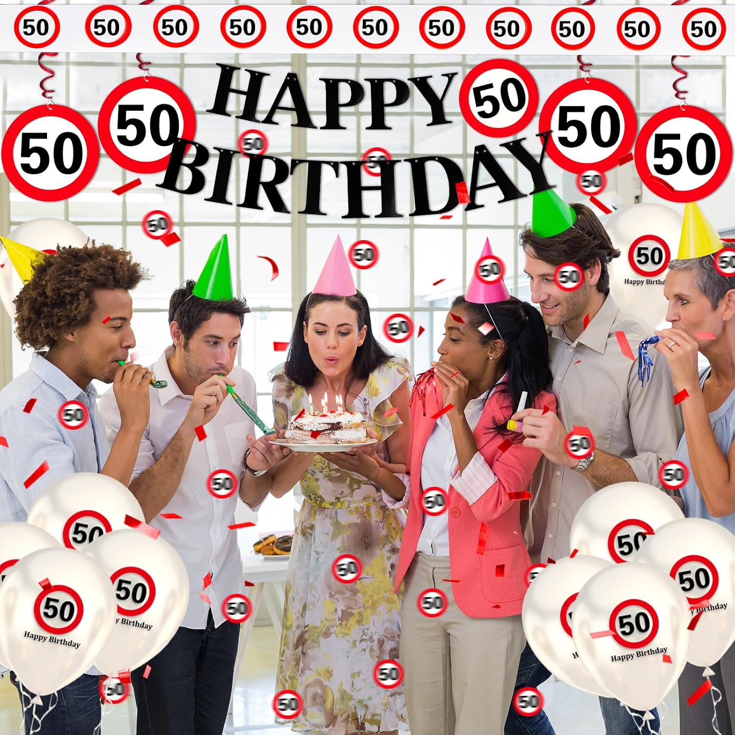 Thumbnail 2 de WenmthG Deko zum 50. Geburtstag mit Verkehrsschild-Design (Girlande, Luftballons, Luftschlangen, Konfetti)