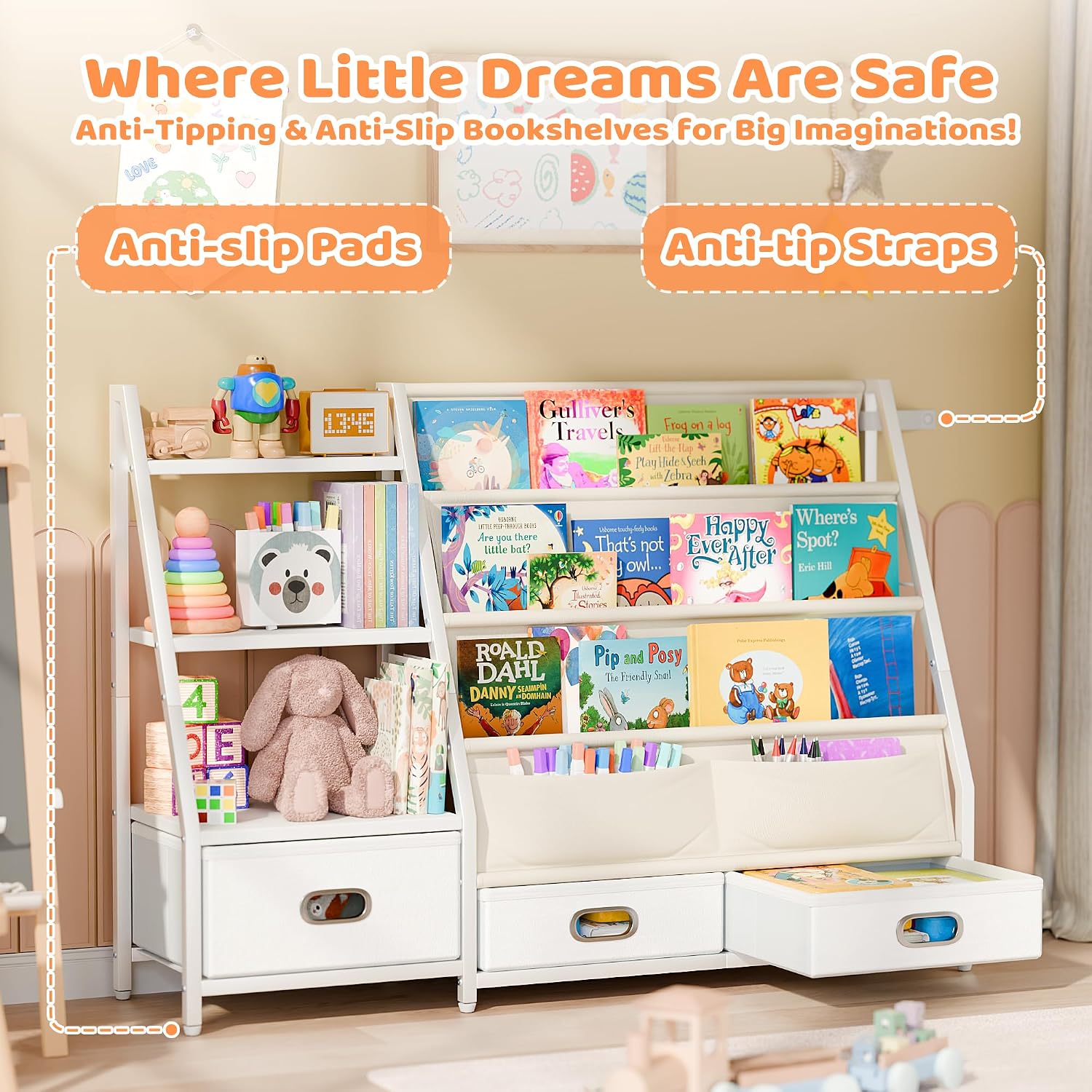 Detalle 2 de POZILAN SJ08 Kids’ Bookshelf and Toy Organizer, 3 Drawers, 3-Tier Shelf