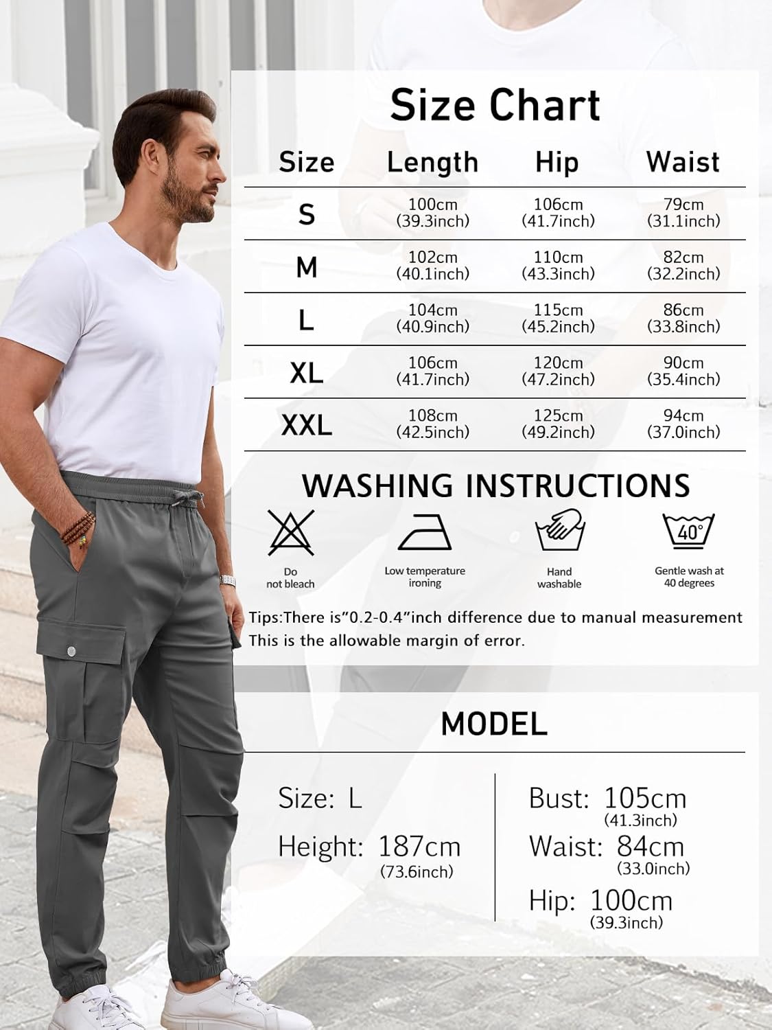 Thumbnail 5 de Tolaler Cargohose Herren Jogger Cargo – elastischer Kordelzug, 5 Taschen, Stretch