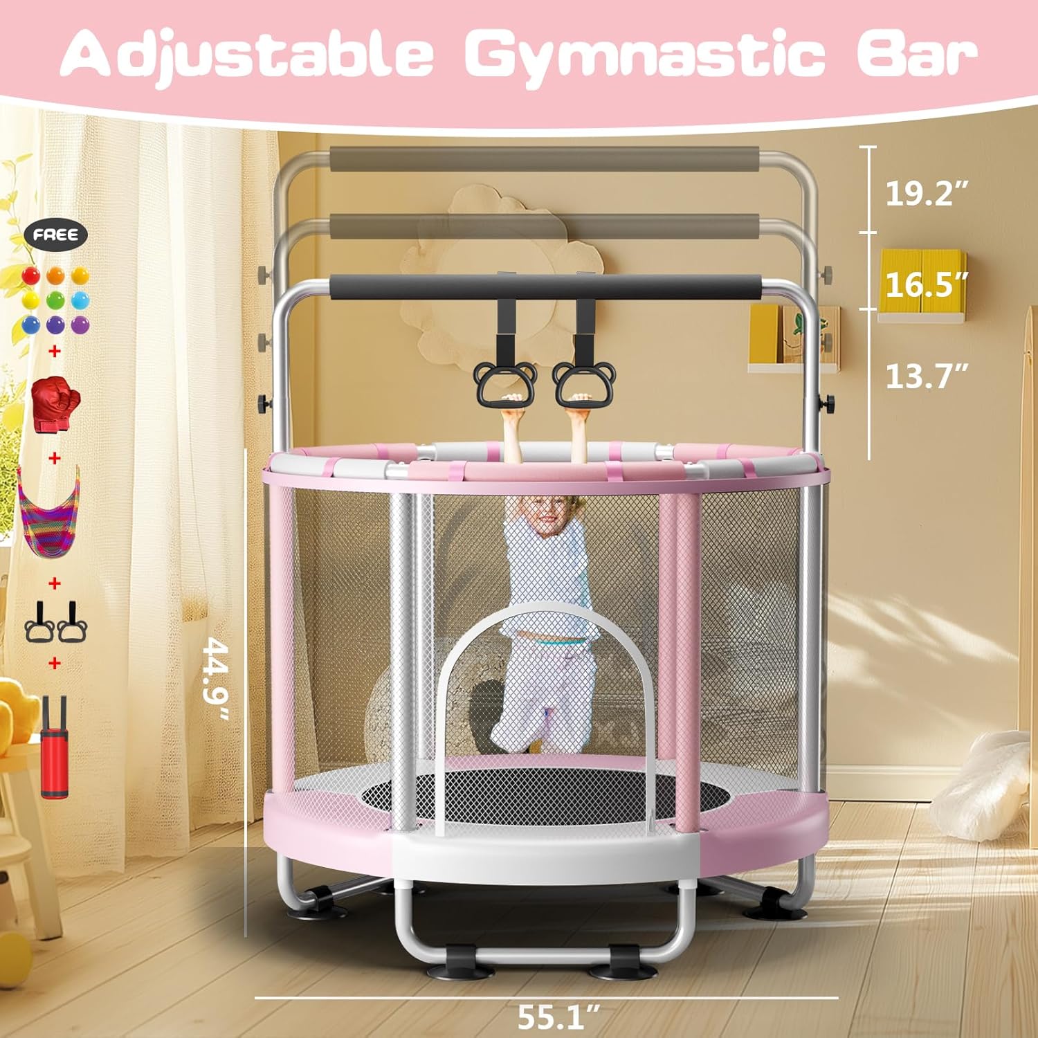 Thumbnail 3 de ZCMHAXJ 55-Inch Kids Trampoline with Enclosure, 440-lb Capacity, Adjustable Gymnastics Bar & Toys