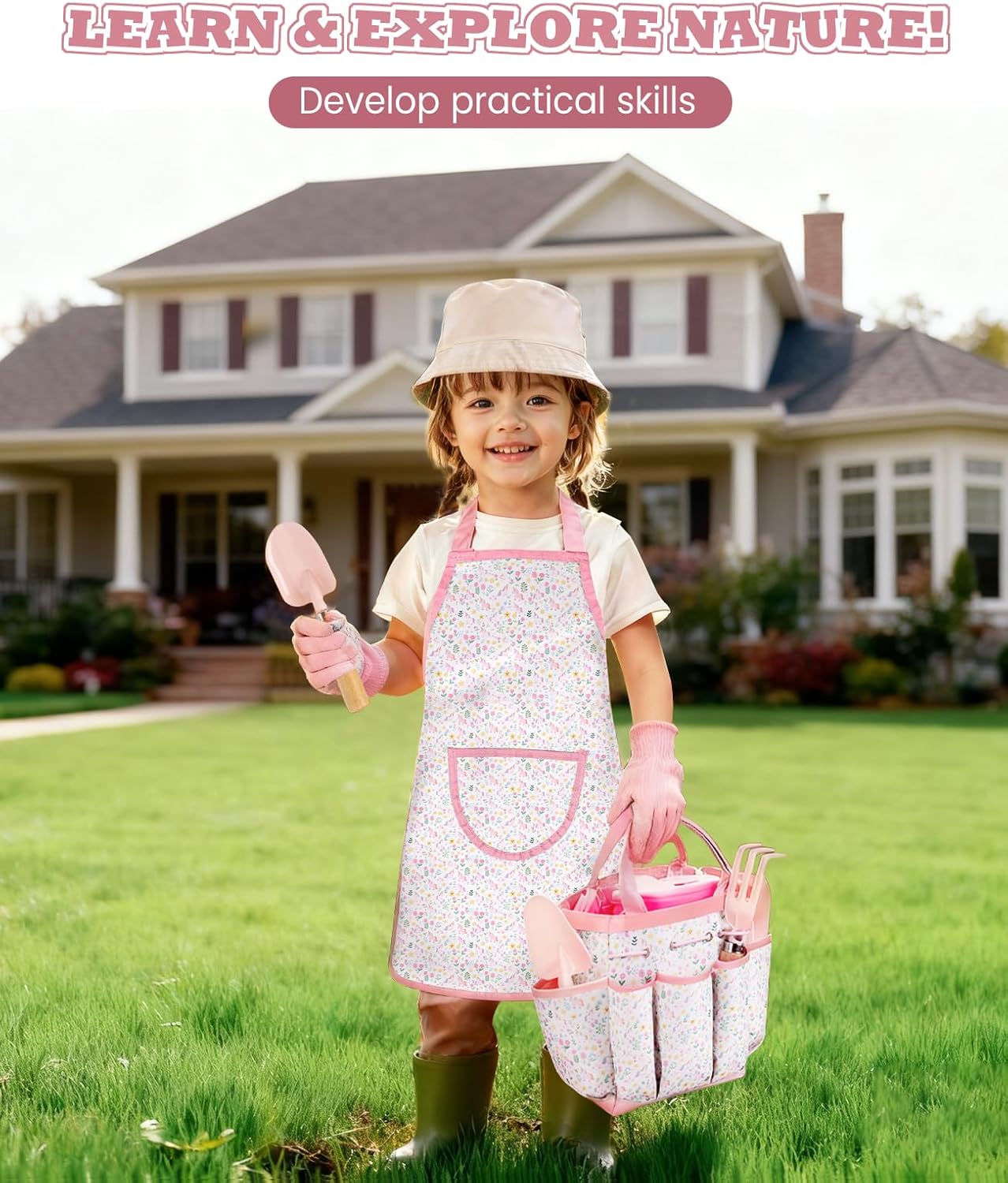 Thumbnail 3 de YAUNGEL Kids Gardening Set (Wooden Rake, Shovels, Gloves, Watering Can, Apron & Tote Bag) — Pink