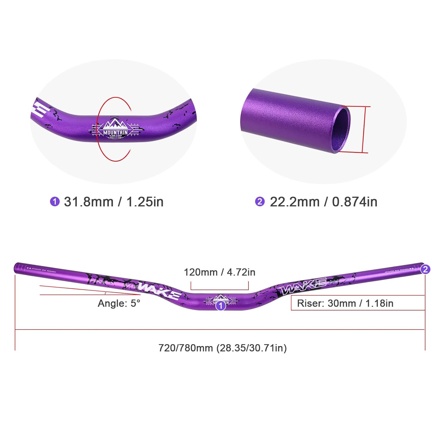 Detalle de Wake Bike Handlebar 31.8mm x 780mm Extra Long Wide Riser Bar – 6061-T6 Aluminium, Purple