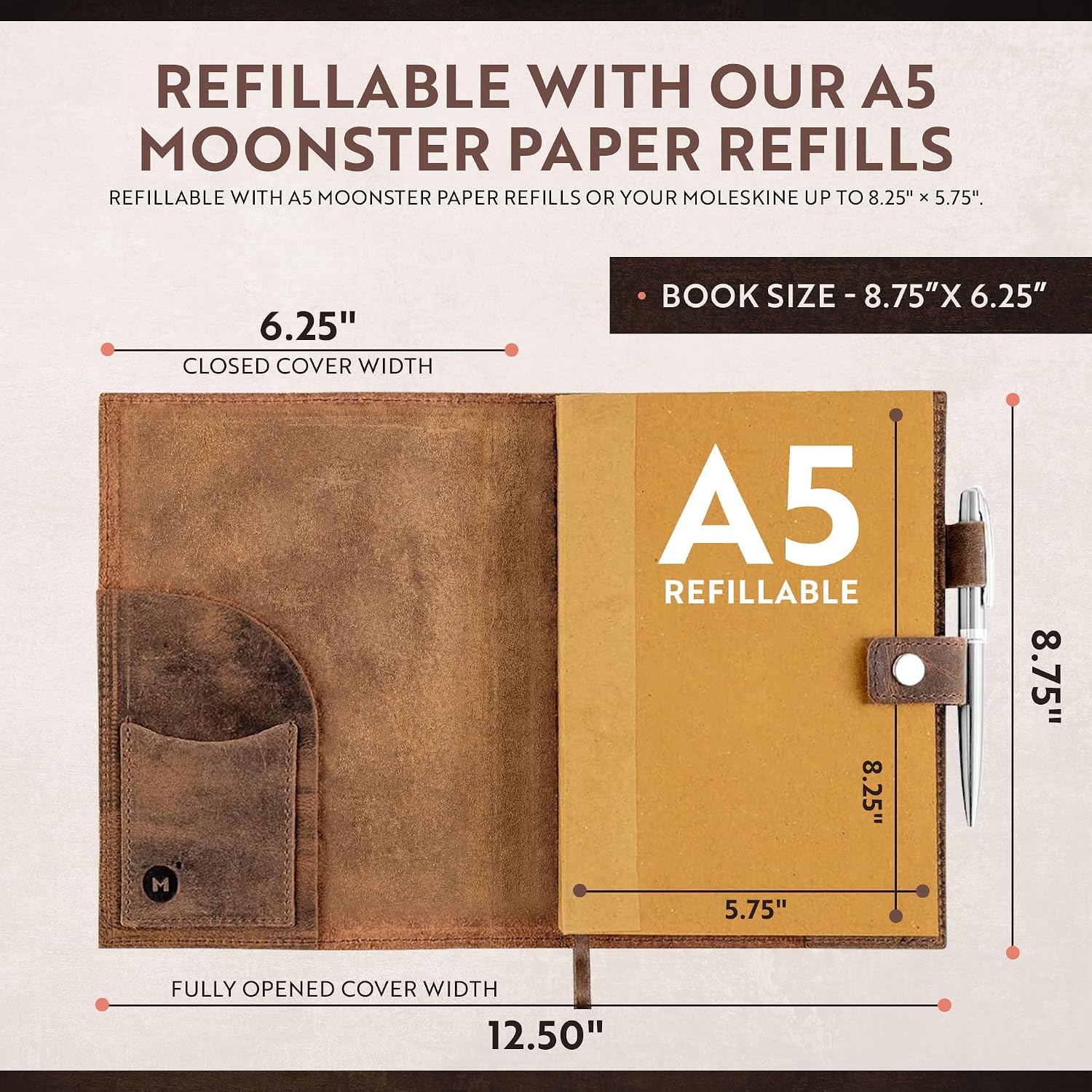 Thumbnail 6 de moonster Quaderno ricaricabile in vera pelle di bufalo A5 con porta penna e penna argentata, Albero della Vita
