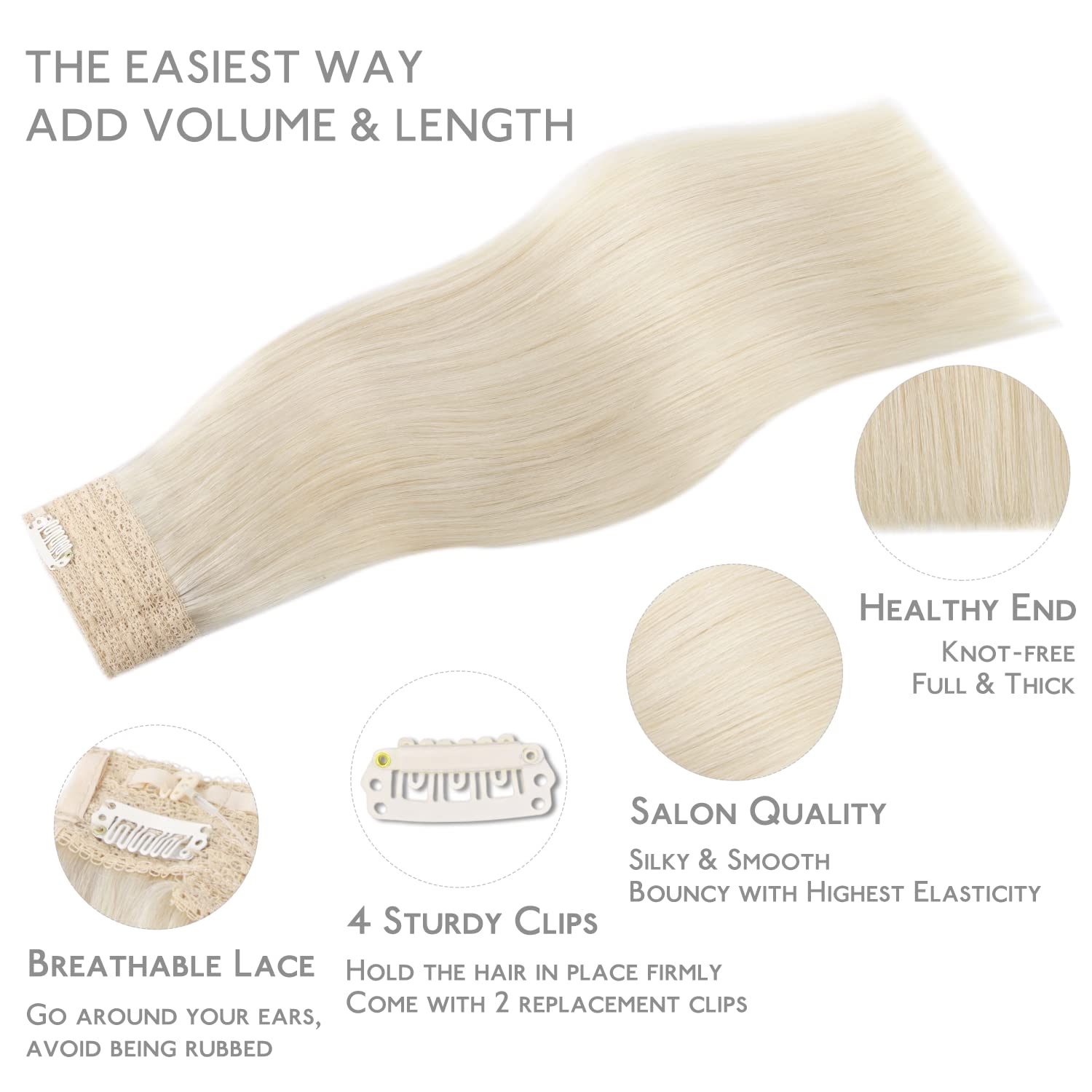 Thumbnail 3 de WENNALIFE Wire Hair Extensions Real Human Hair, 18 inch, Platinum Blonde Remy with Invisible Wire