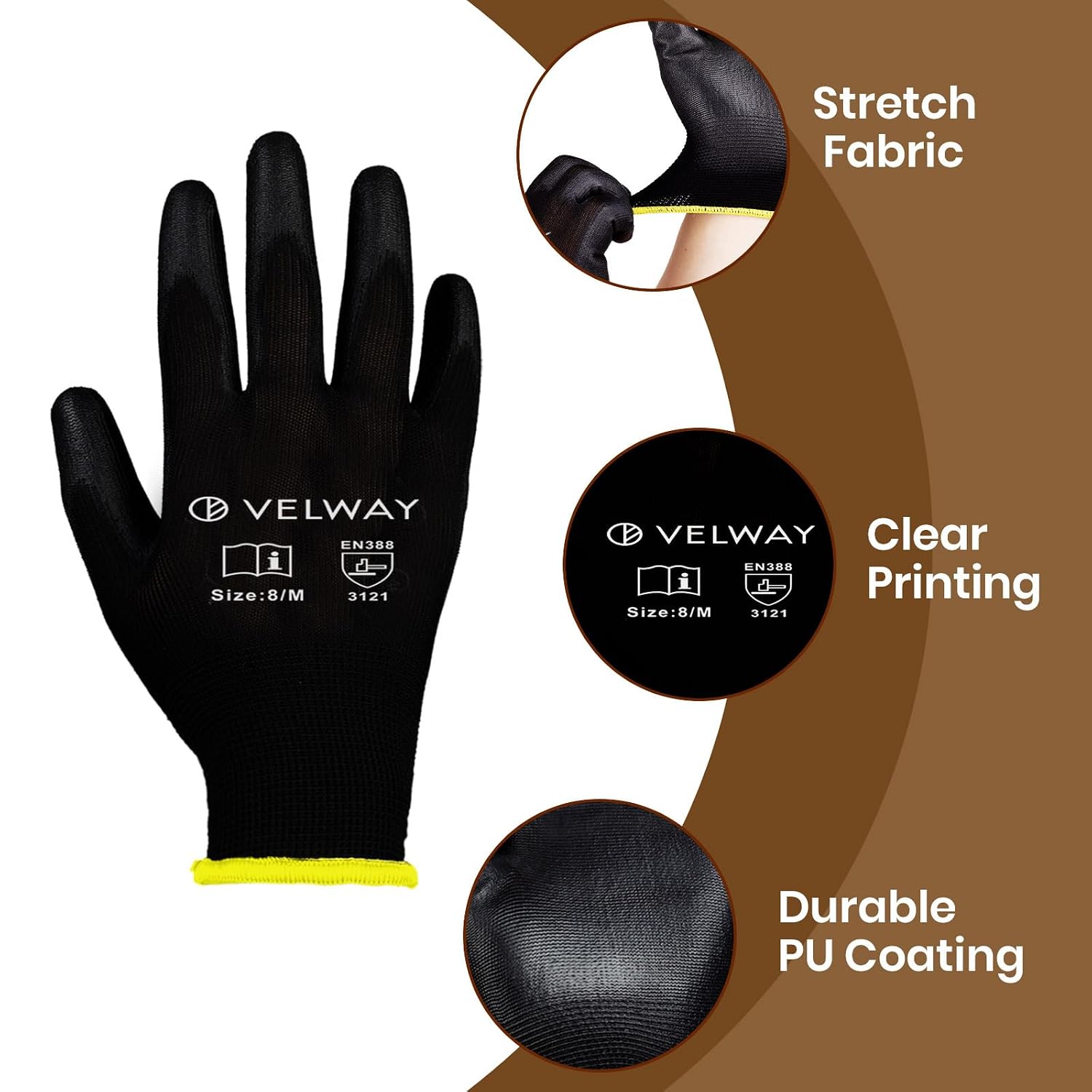 Detalle de Velway 12 Pairs Safety Work Gloves – PU Coated, Lightweight Breathable For Men and Women, Size M (8) – Non-Slip Grip