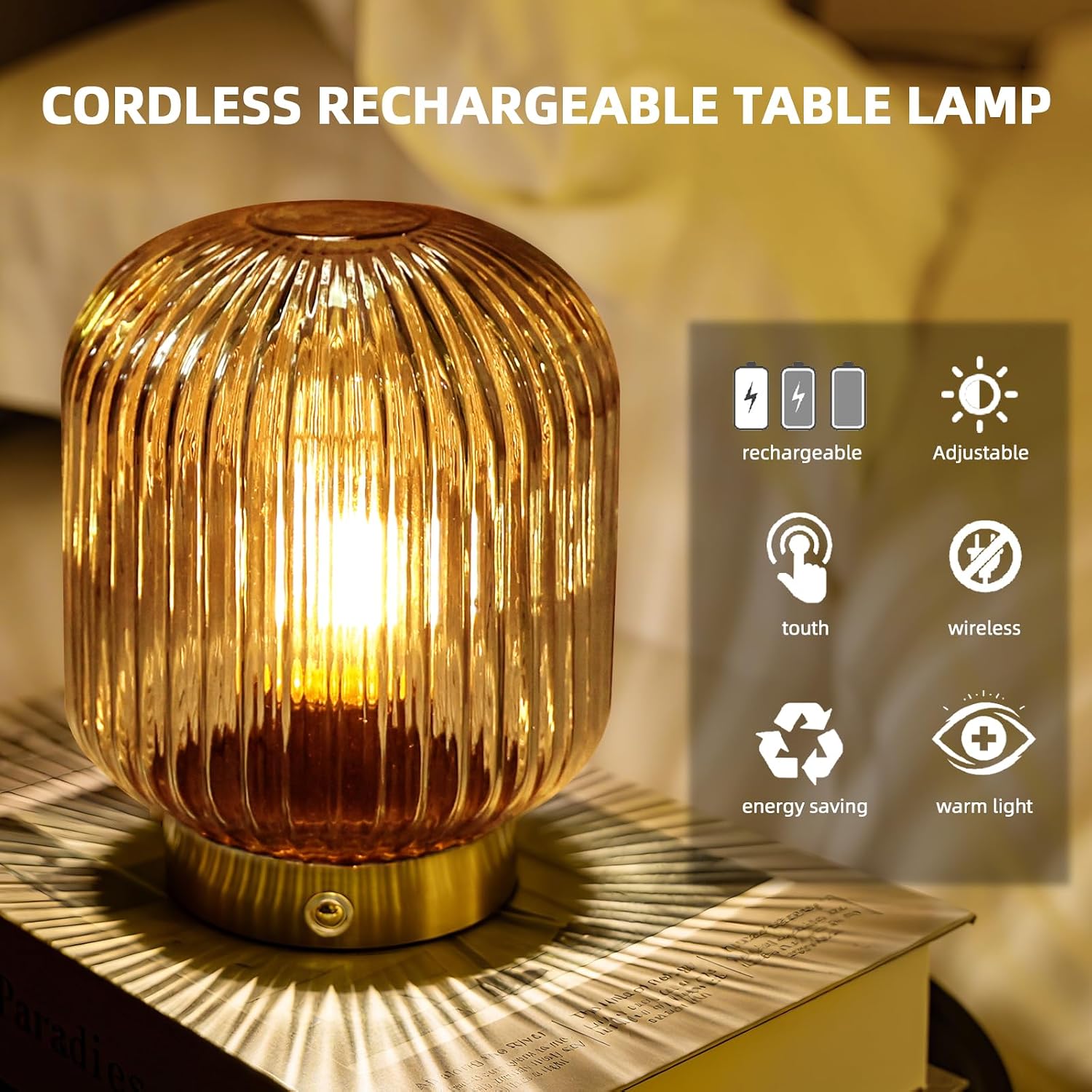 Detalle de MJ PREMIER Rechargeable Yellow Glass Lamp with Memory Function
