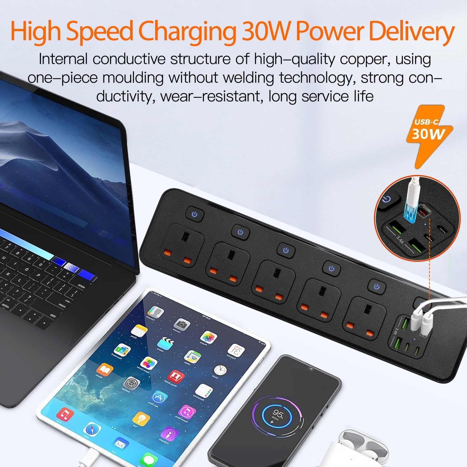 Detalle 2 de BOCHLION 6 USB Ports 5-Way Extension Lead with PD30W Socket