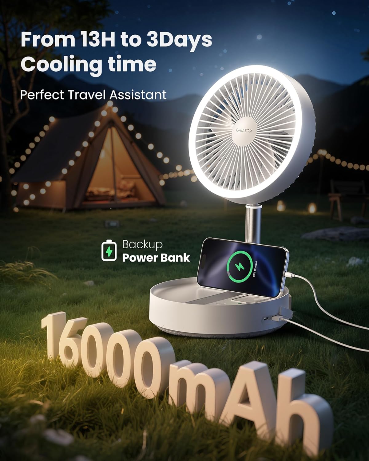 Thumbnail 1 de Gaiatop Portable Pedestal Fan 16000mAh Power Bank with LED Light – Foldable, 4-Speed, 270° Head Rotation