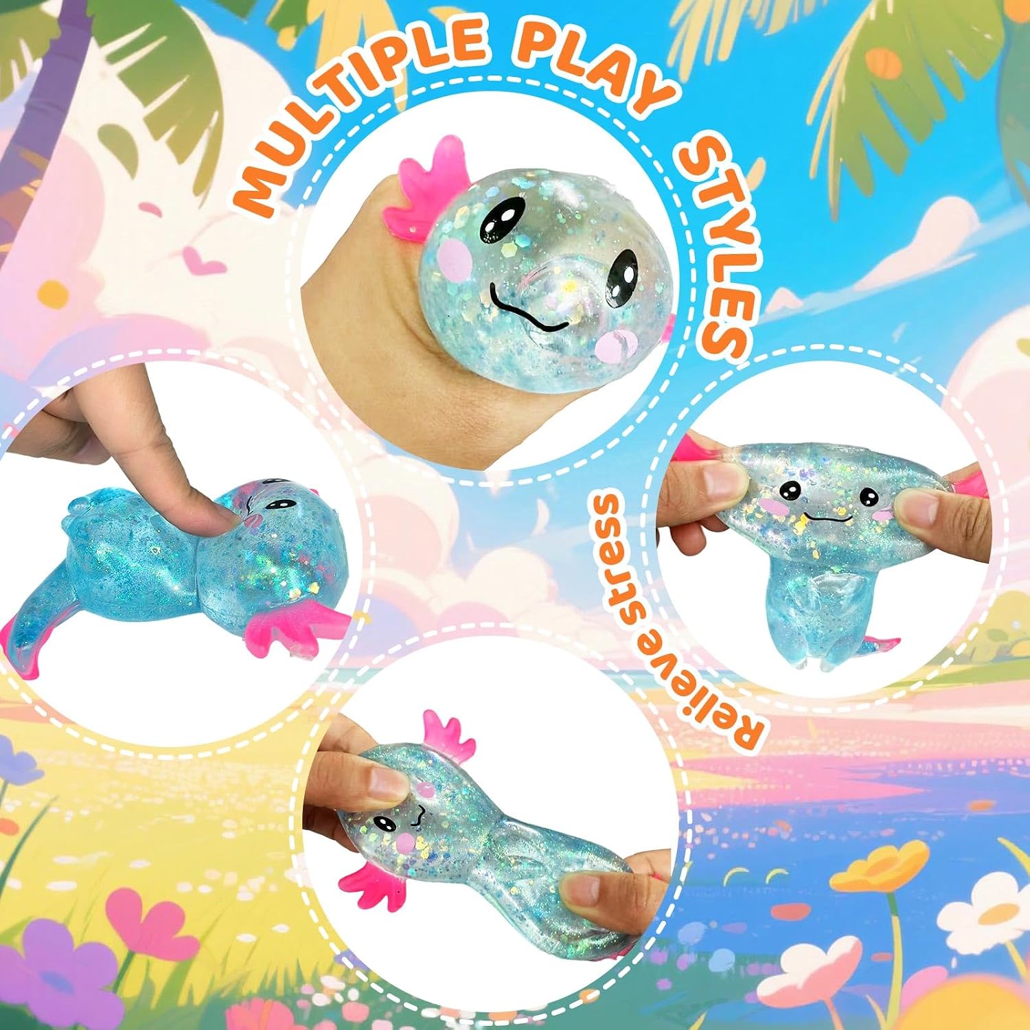 Detalle 2 de Puffwize CHB01 Blue Glitter Axolotl Squishy Fidget Toy in TPR