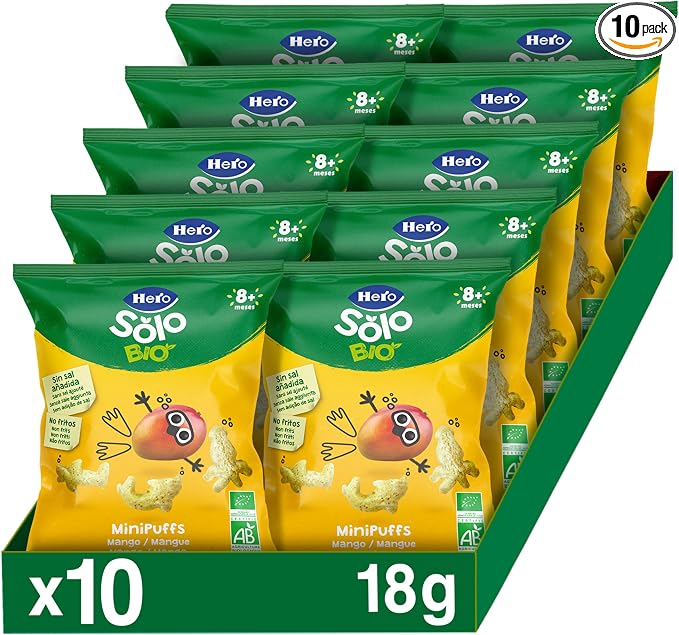 Detalle de Hero Solo Minipuffs de Mango 🍃 Bio y Ecológicos, Pack de 10