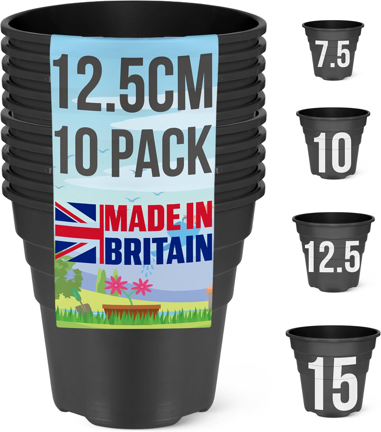 Detalle de Happy Pots 12.5cm Gloss Black — Pack of 10 Premium Plastic Plant Pots