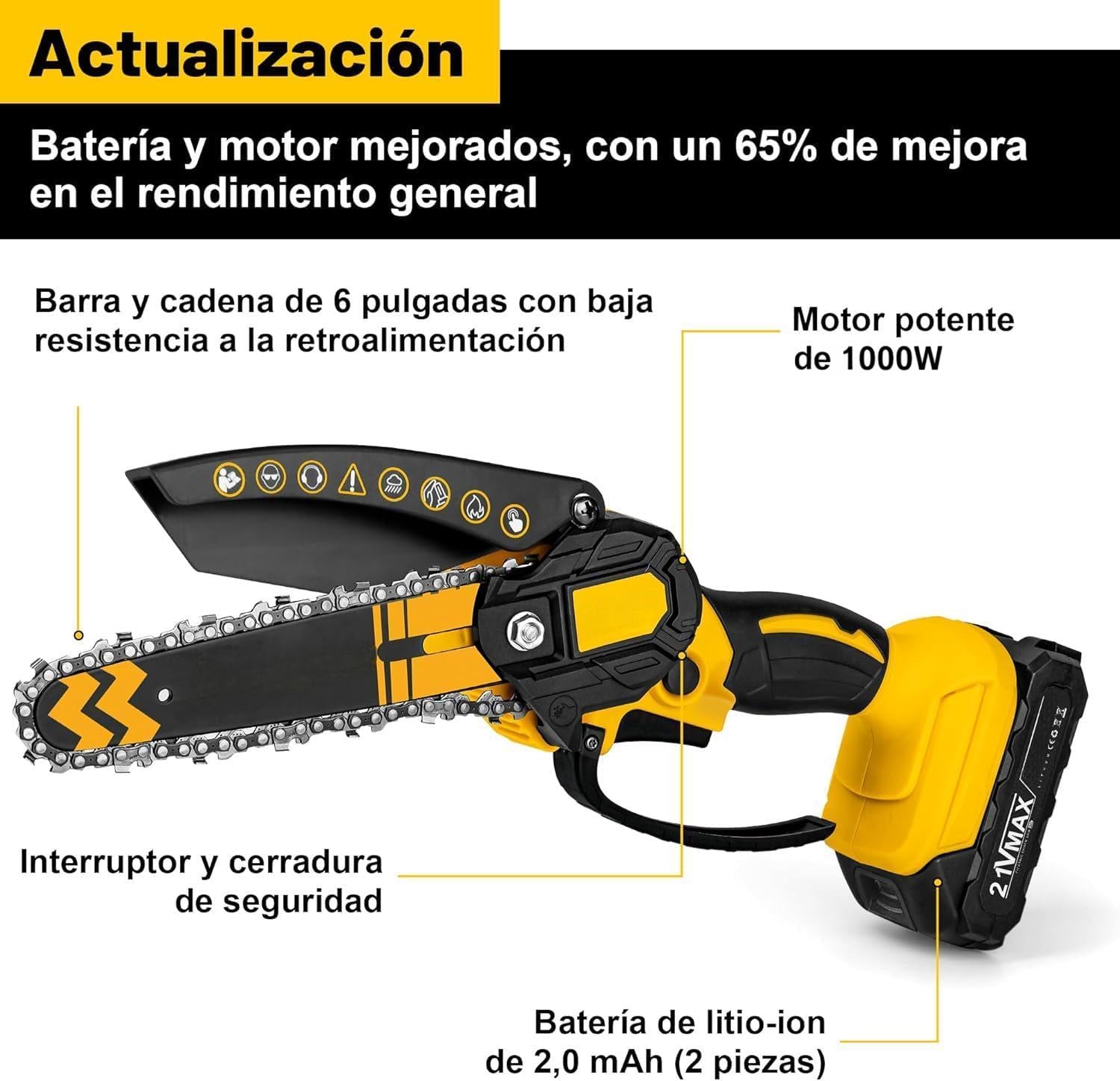 Detalle 2 de Enlik Mini Motosierra Batería 6" 1000 W con 2 baterías: útil para poda y cortes ligeros