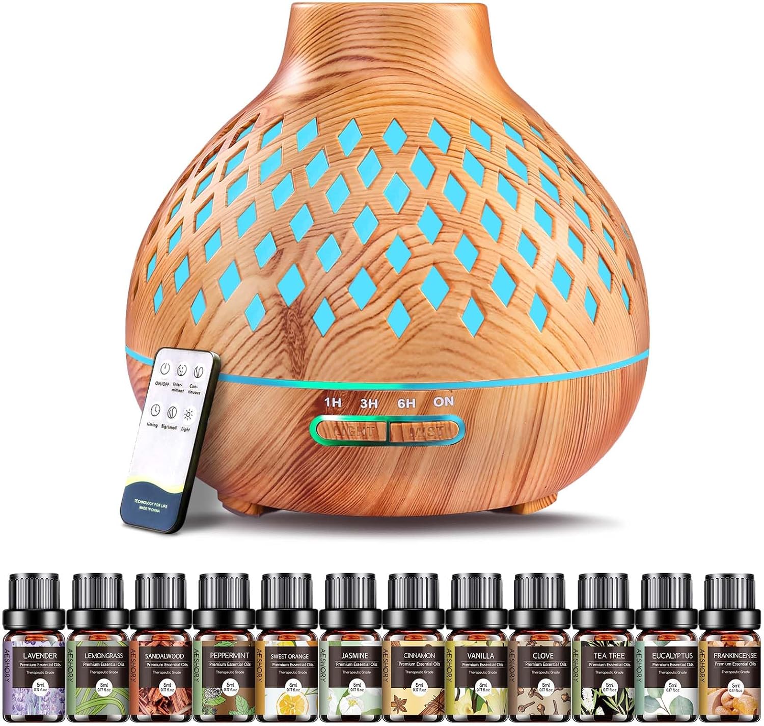 Detalle de Aeshory 00142 aroma diffuser 550 ml met 12 oliën, ledlicht en automatische uitschakeling