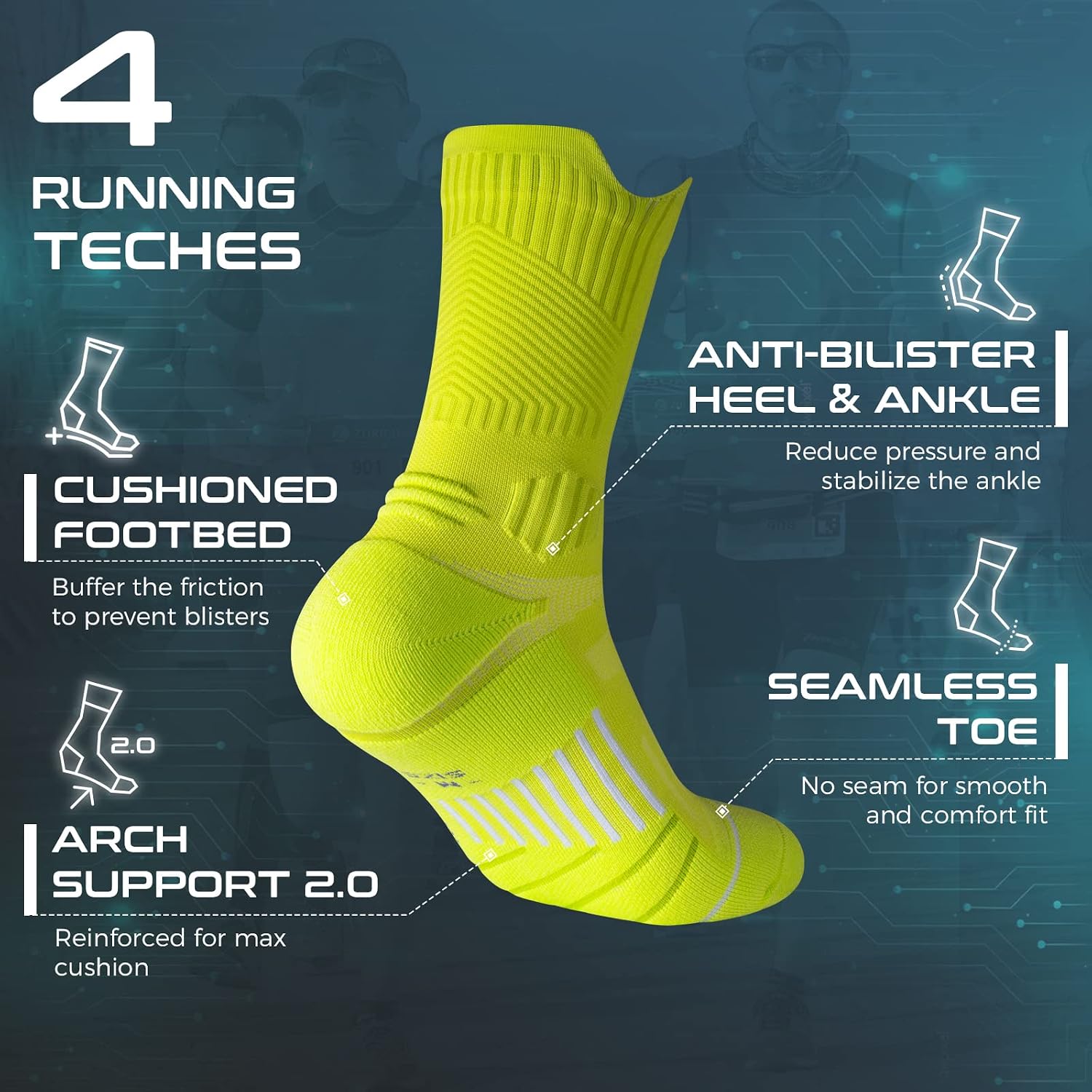 Detalle de Rahhint Compression Running Socks, 3-Pair Crew Set with CoolMax and Cushioning