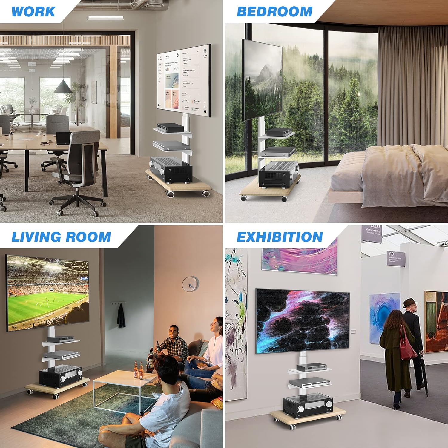 Thumbnail 4 de RFIVER Support TV sur pied à roulettes blanc, hauteur réglable et pivotant (VESA jusqu’à 400×400 mm)