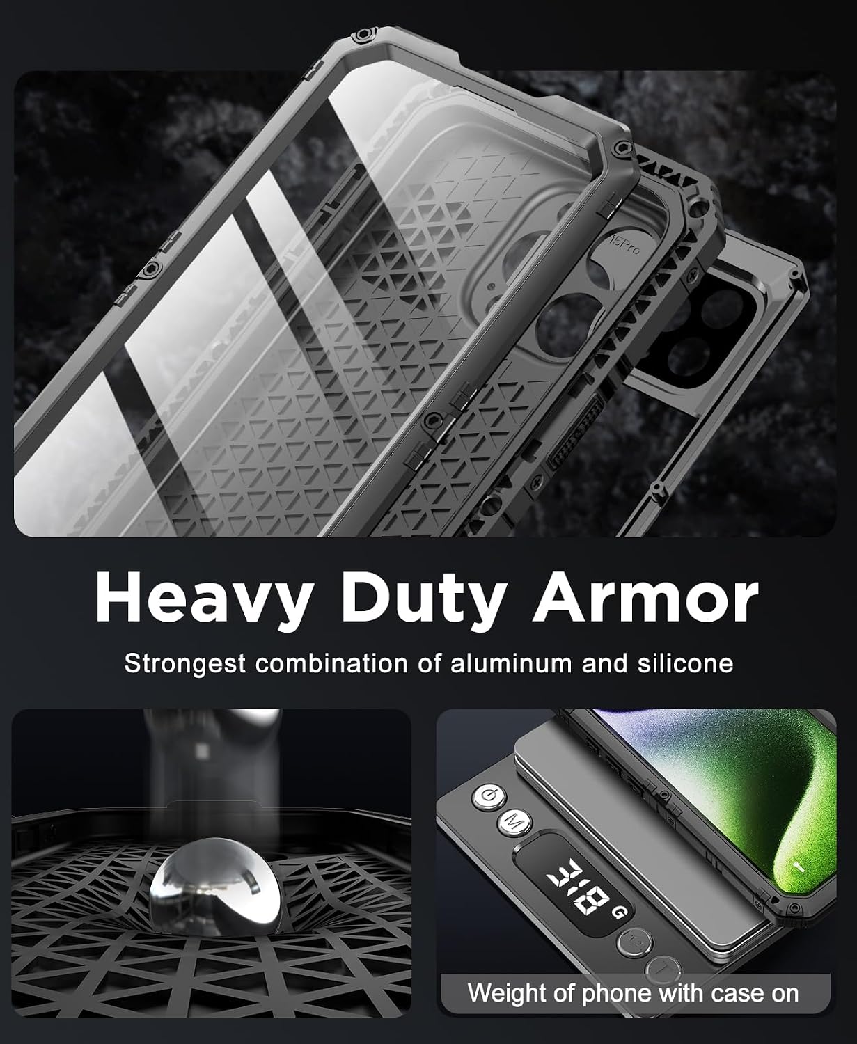 Detalle de Beeasy Robust Series Waterproof Case for iPhone 15 Pro (6.1-inch) with Built-in Screen Protector