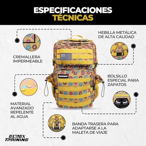 Detalle de Mochila Táctica 45L ELITRAINX – Cabina avión, Oxford 1000D impermeable, bolsillo para zapatillas y ordenador, Amarillo Donuts