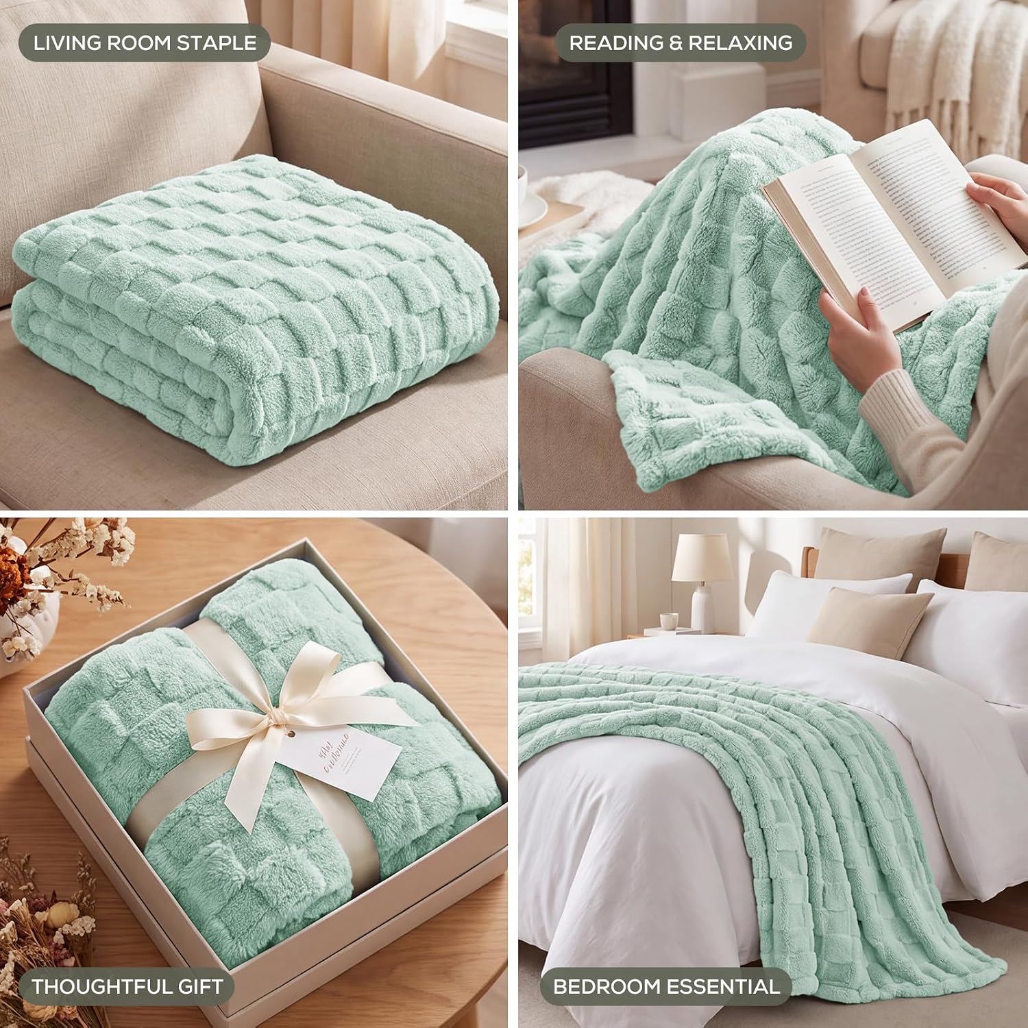 Thumbnail 5 de Utopia Bedding Plush Checkered Fleece Blanket, Sage Green, Queen 90 x 90 in