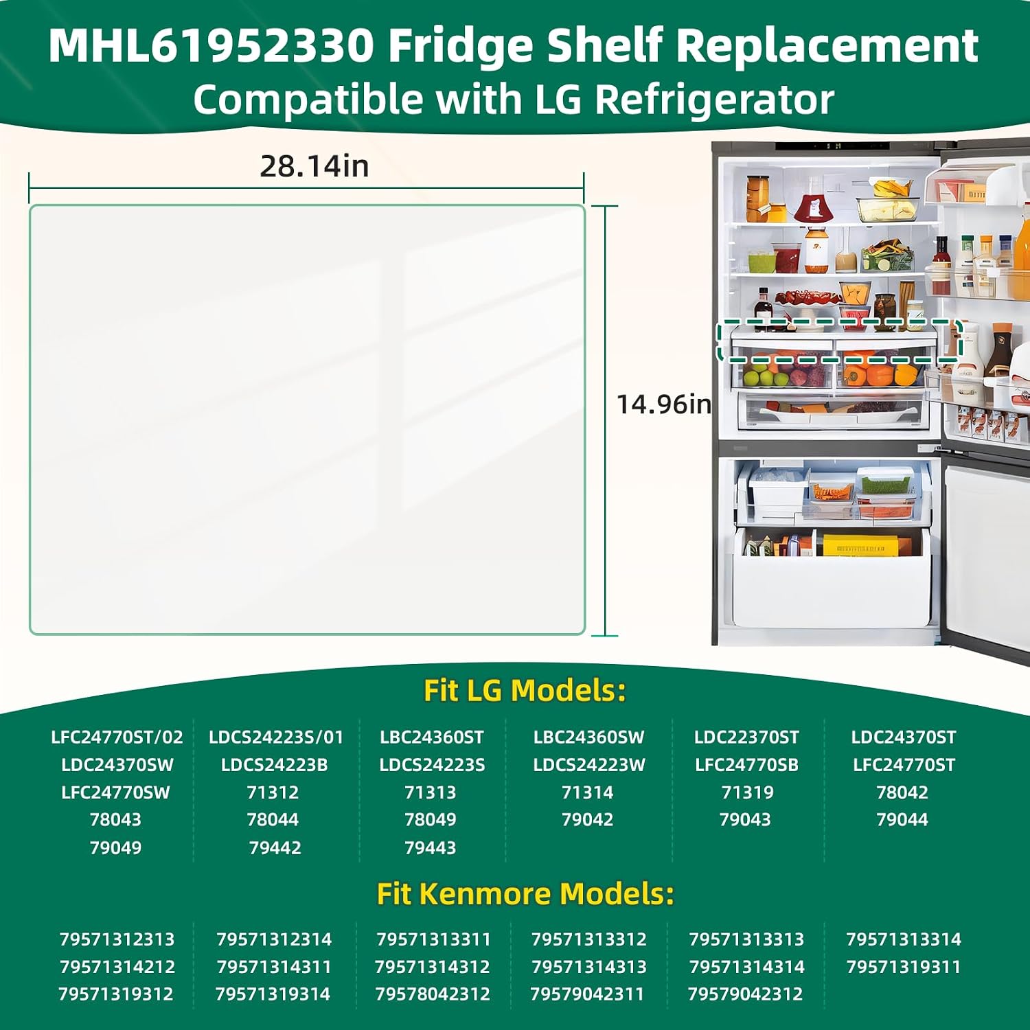 Detalle 2 de POOLKEY MHL61952330 Refrigerator Glass Shelf, Tempered Crisper Cover