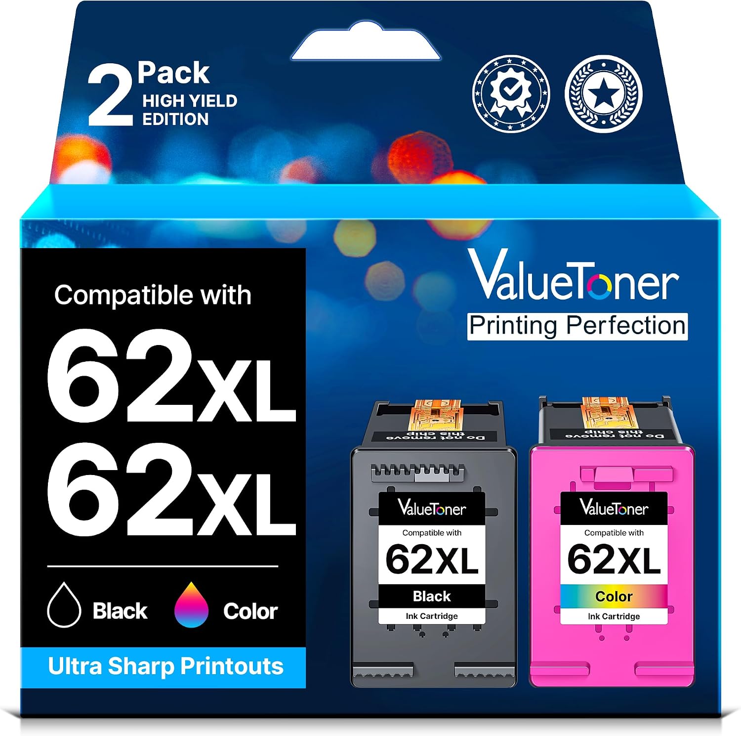 Detalle de Valuetoner 62XL Schwarz & Farbpatronen – kompatibel HP 62/62XL für OfficeJet 5740/5742/5744, Envy 5540–7640 (2er-Set)