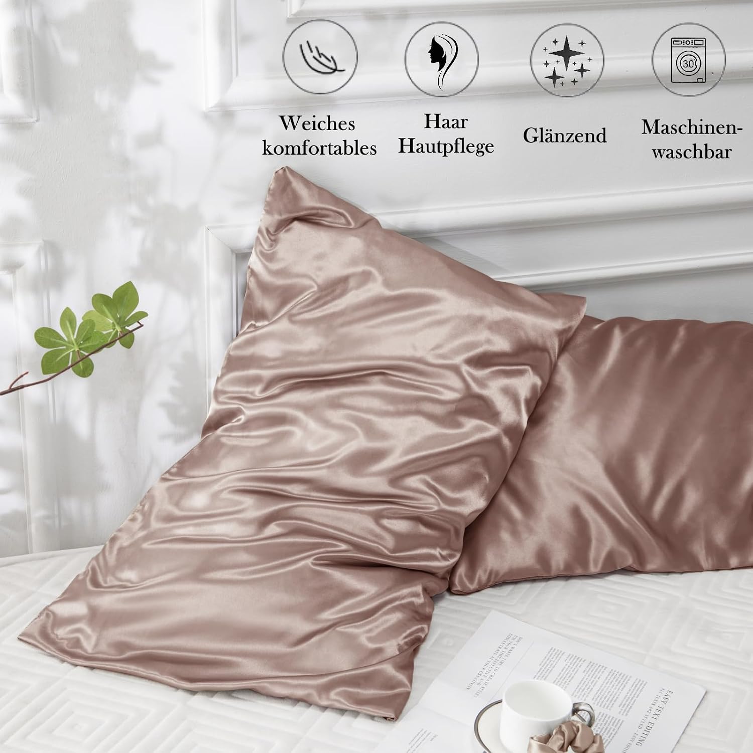 Detalle de Vielit Satin Kissenbezug 40 x 80 Braun – 2er Set, weiches Seiden-Feeling, Haar- und Hautschutz inkl. Haargummis